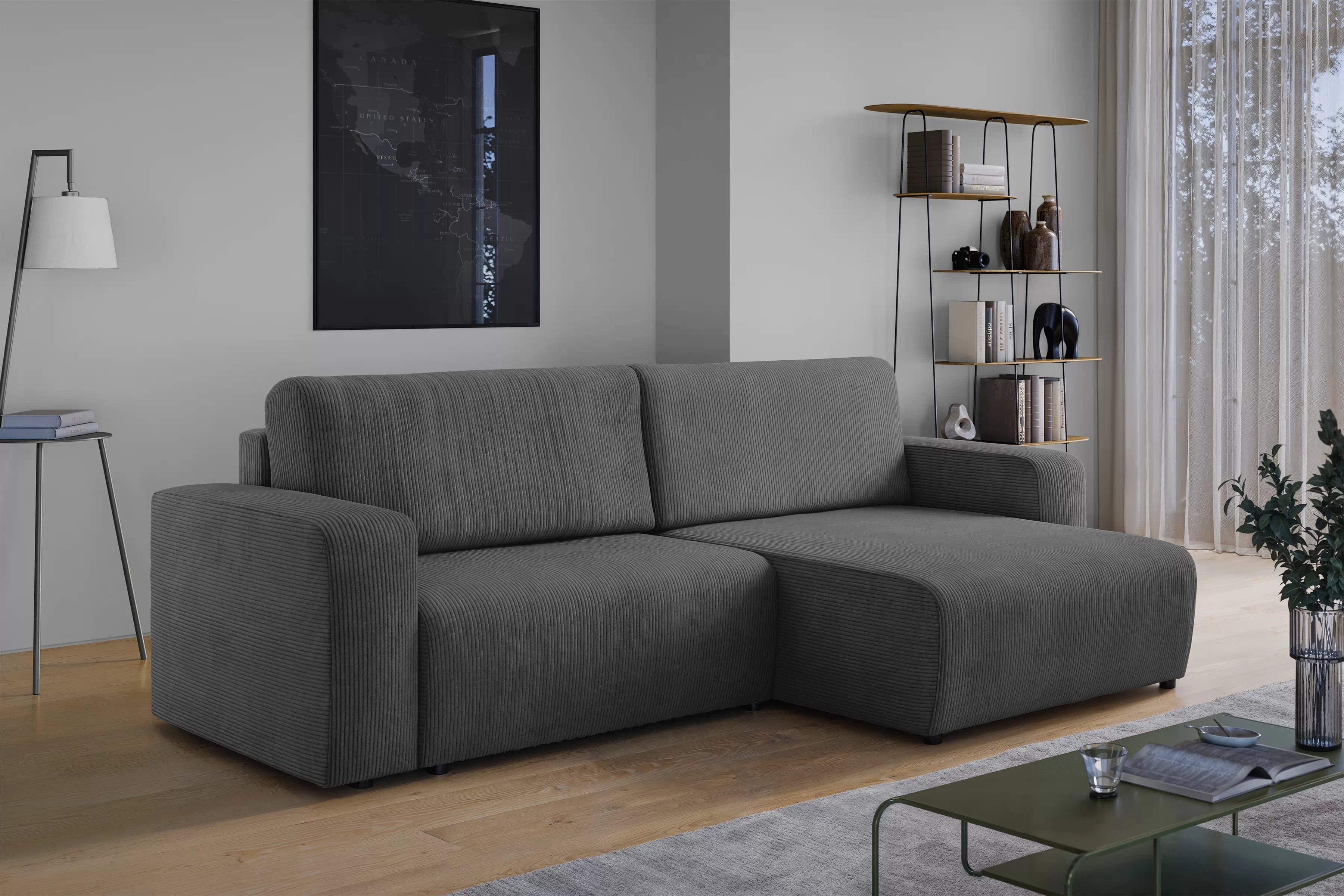 Rozkládací rohová sedací souprava Avia L - šedá Lincoln 90 Rohová sedací souprava Avia L rozkládací uniwersalny prawo/levá - šedá manšestr Lincoln 90