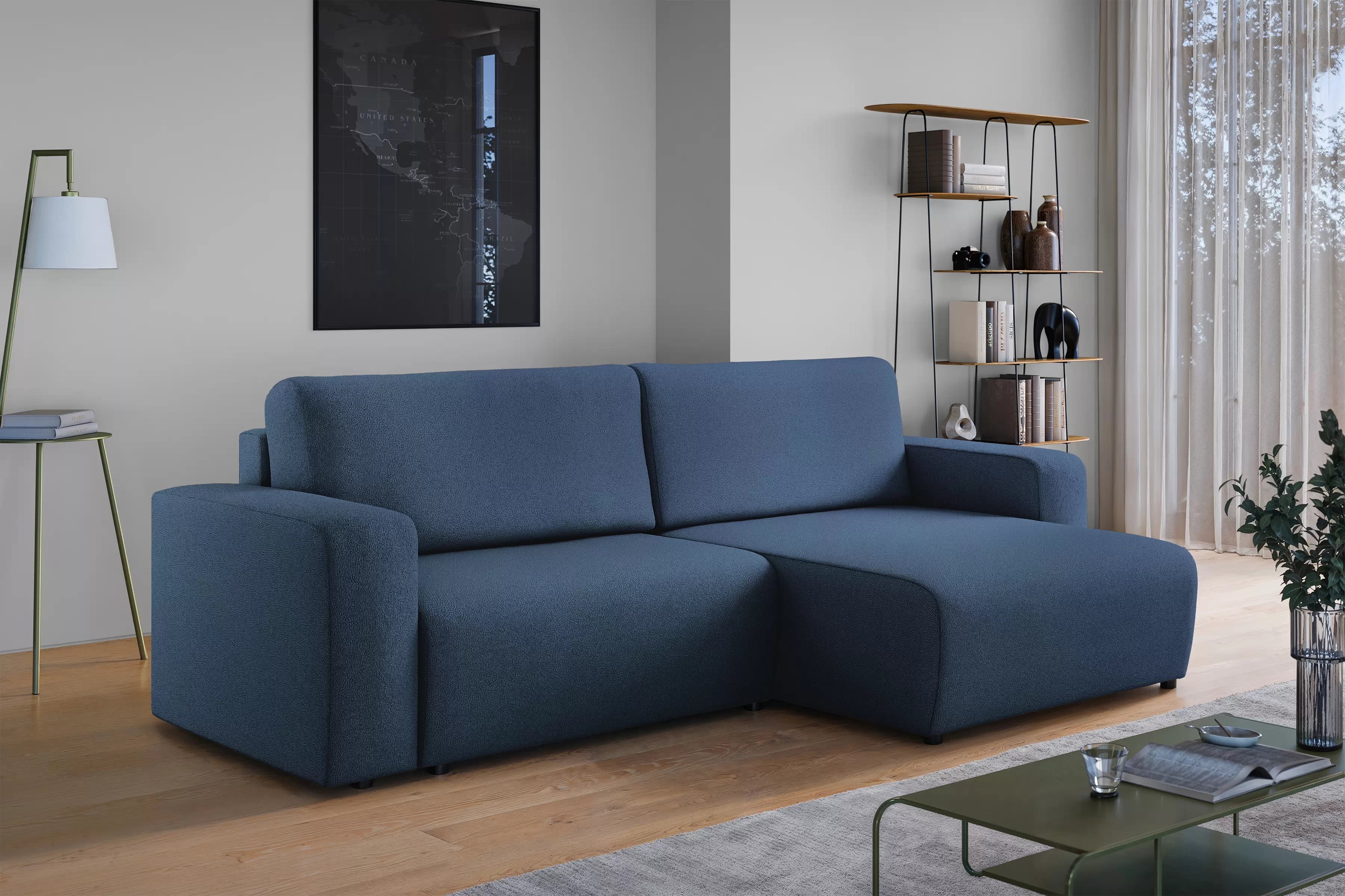 Rozkládací rohová sedací souprava Avia L - tmavě modrá Gerra 125 Rohová sedací souprava Avia Maxi rozkládací uniwersalny prawo/levá - tmavě modrá boucle Gerra 125