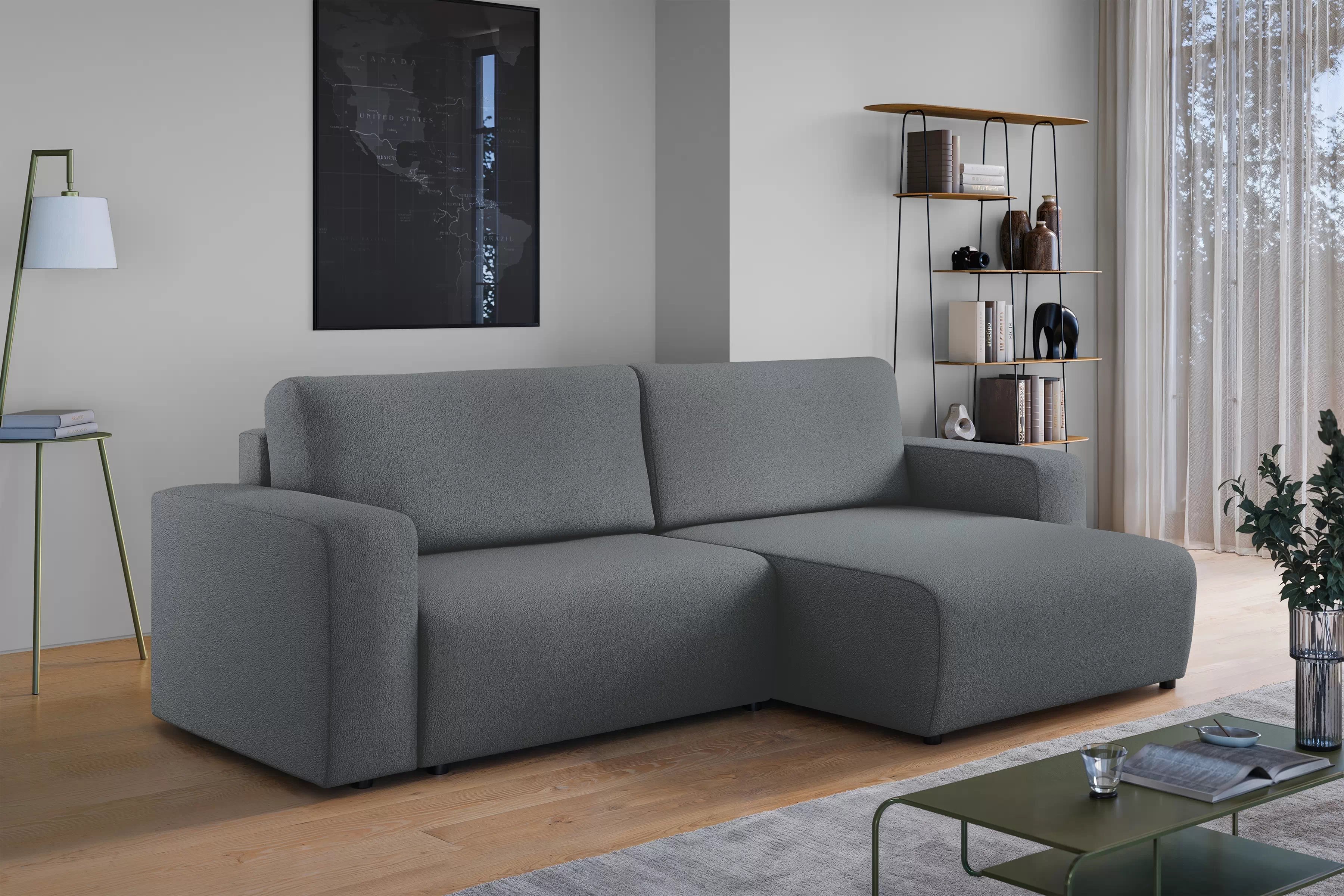 Rozkládací rohová sedací souprava Avia L - šedá Gerra 70 Rohová sedací souprava Avia Maxi rozkládací uniwersalny prawo/levá - šedá boucle Gerra 70