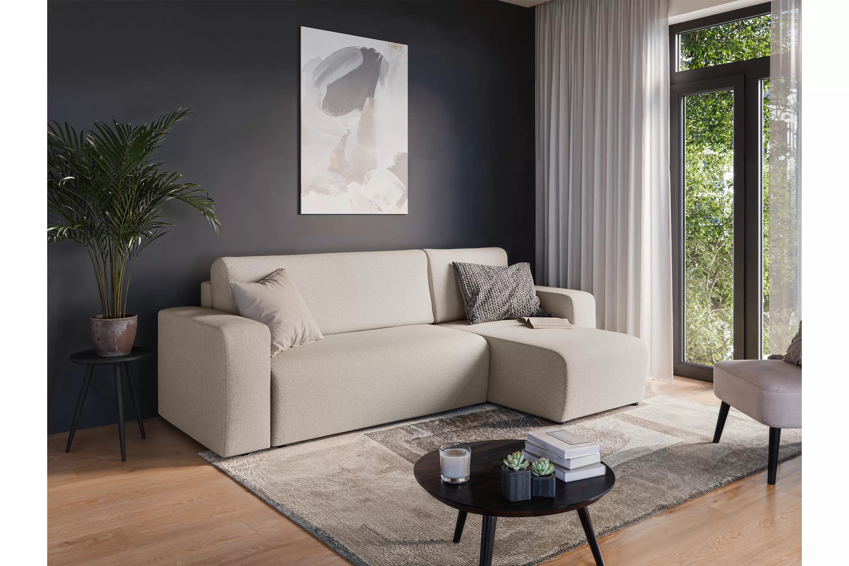 Rozkládací rohová sedací souprava Avia Mini - béžová Gerra 105 Rohová sedací souprava Avia Mini rozkládací uniwersalny prawo/levá - béžová boucle Gerra 105