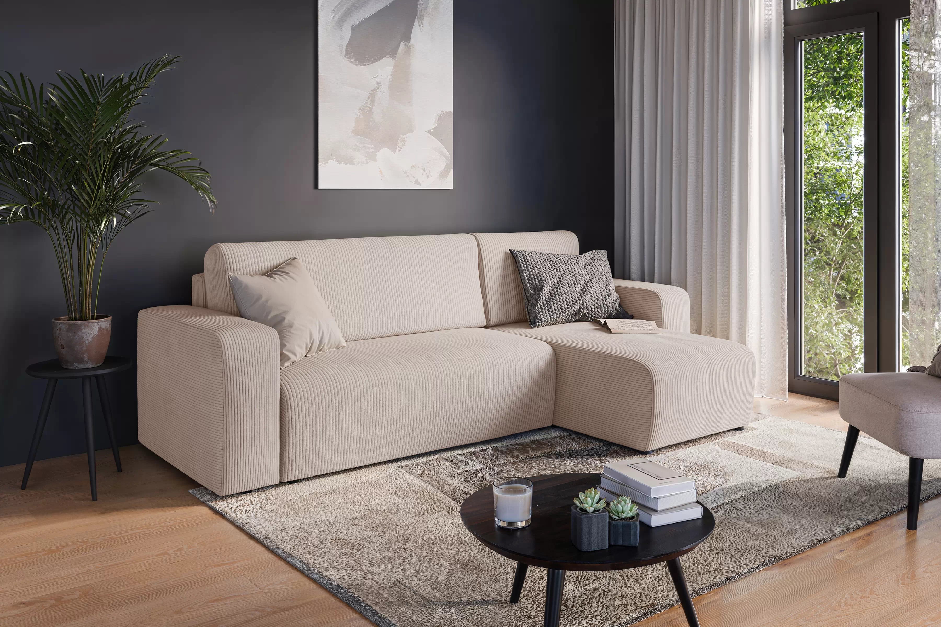 Rozkládací rohová sedací souprava Avia Mini - béžová Anafi 22 Rohová sedací souprava Avia Mini rozkládací uniwersalny prawo/levá - béžová manšestr Anafi 22 