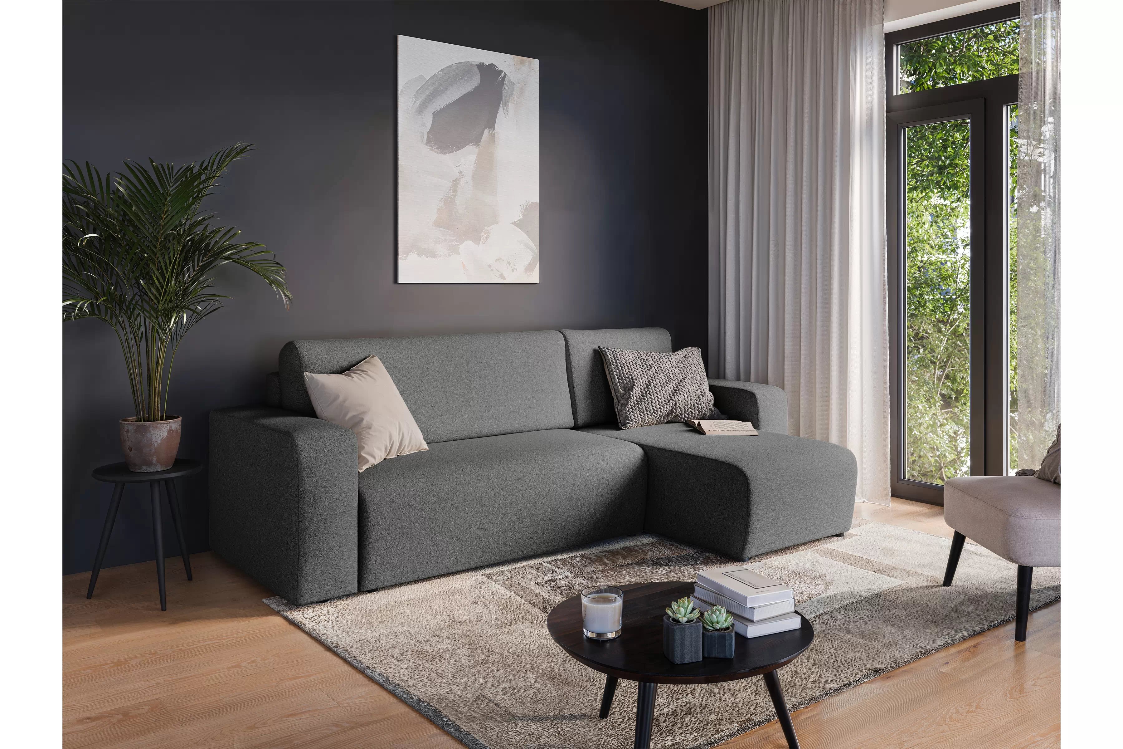 Rozkládací rohová sedací souprava Avia Mini - grafitová Gerra 120 Rohová sedací souprava Avia Mini rozkládací uniwersalny prawo/levá - grafitová boucle Gerra 120