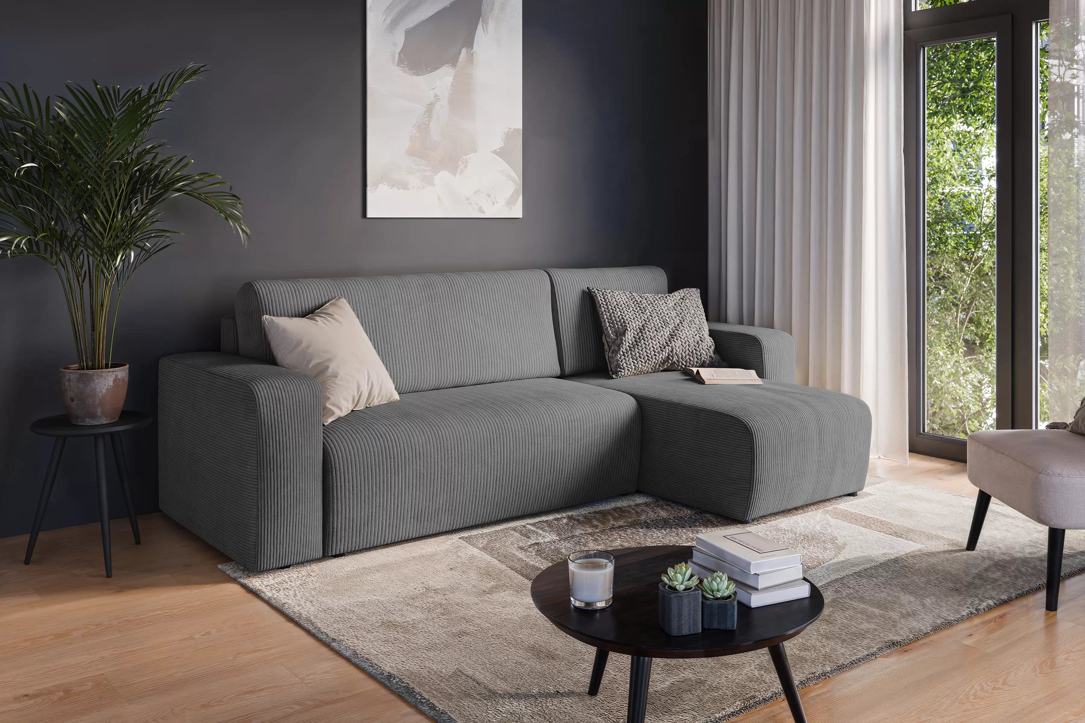 Rozkládací rohová sedací souprava Avia Mini - grafitová Lincoln 90 Rohová sedací souprava Avia Mini rozkládací uniwersalny prawo/levá - grafitová manšestr Lincoln 90