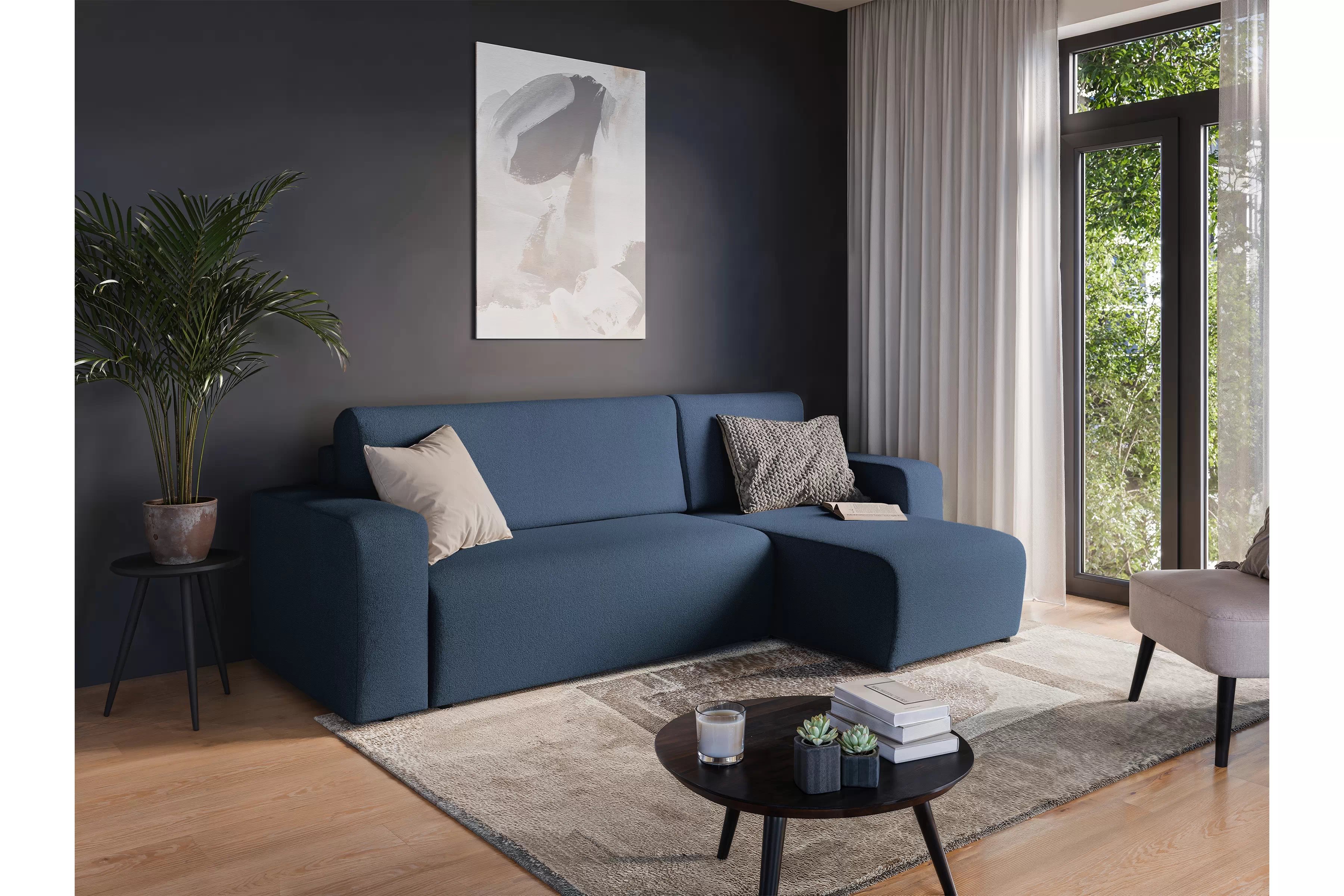 Rozkládací rohová sedací souprava Avia Mini - tmavě modrá Gerra 125 Rohová sedací souprava Avia Mini rozkládací uniwersalny prawo/levá - tmavě modrá boucle Gerra 125