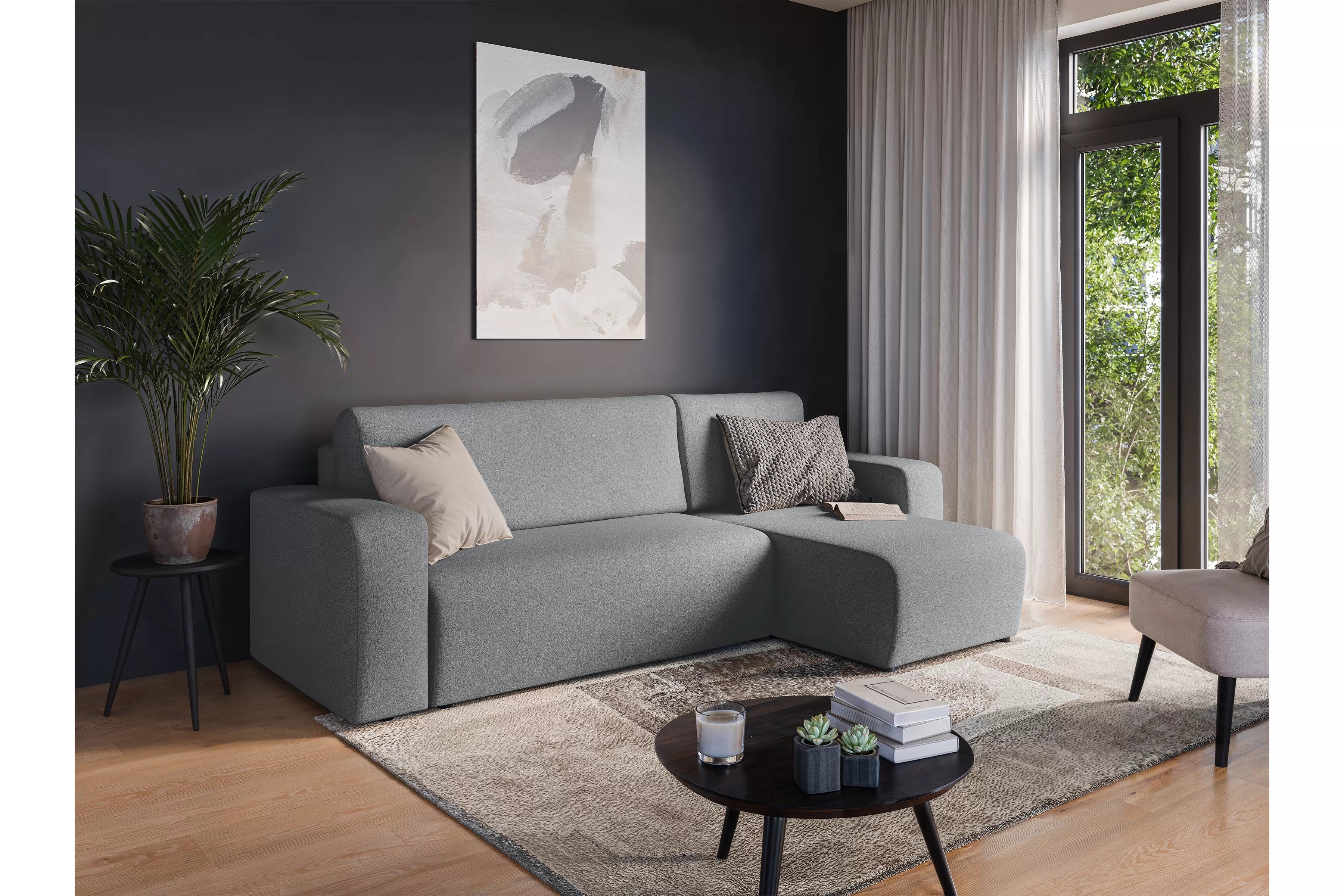 Rozkladacia rohová sedacia súprava Avia Mini univerzálna - sivé buklé Gerra 70 Rohová sedacia súprava Avia Mini s funkciou spánku uniwersalny prawo/Ľavá strana - šedá boucle Gerra 70