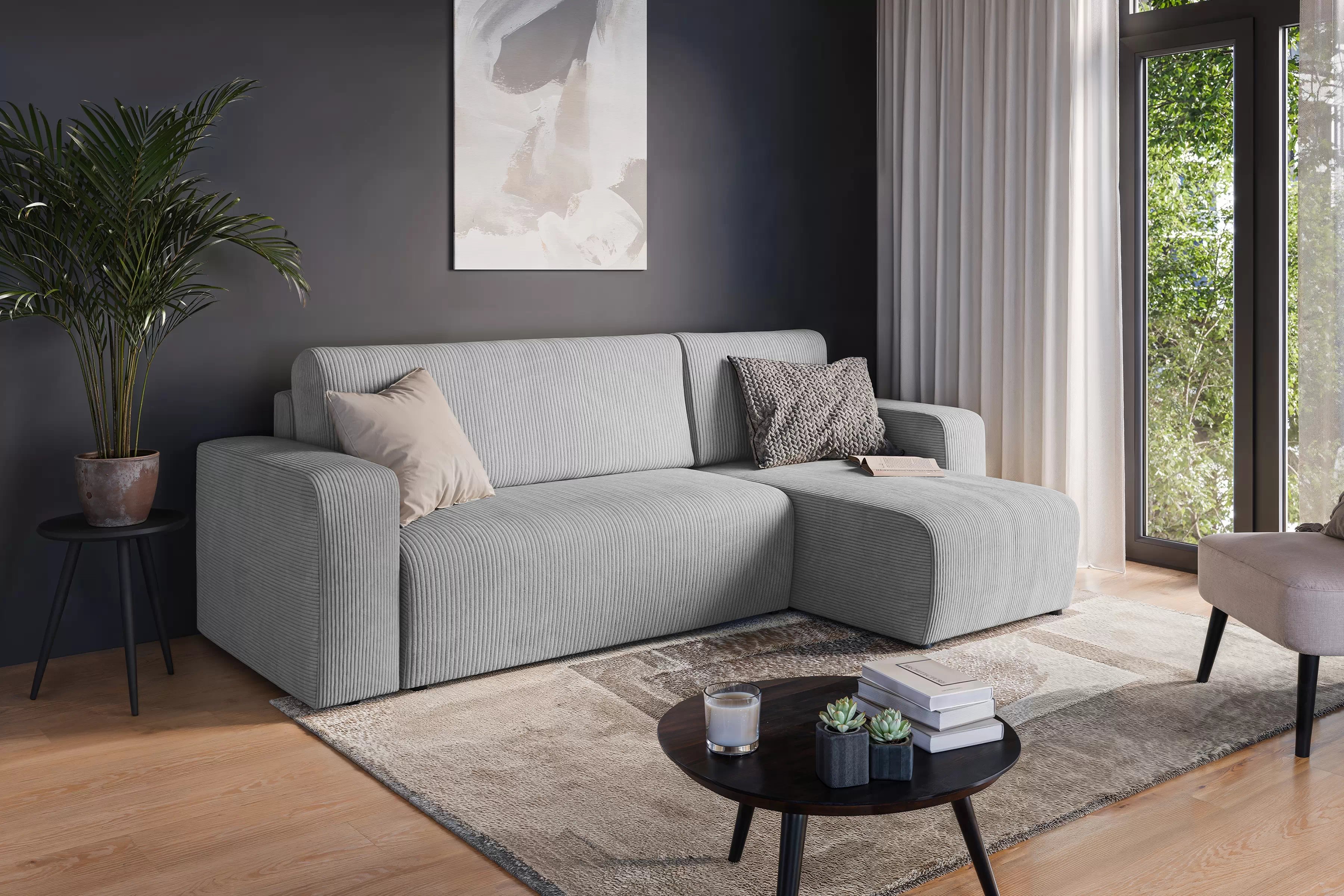 Rozkládací rohová sedací souprava Avia Mini - šedá Lincoln 86 Rohová sedací souprava Avia Mini rozkládací uniwersalny prawo/levá - šedá manšestr Lincoln 86