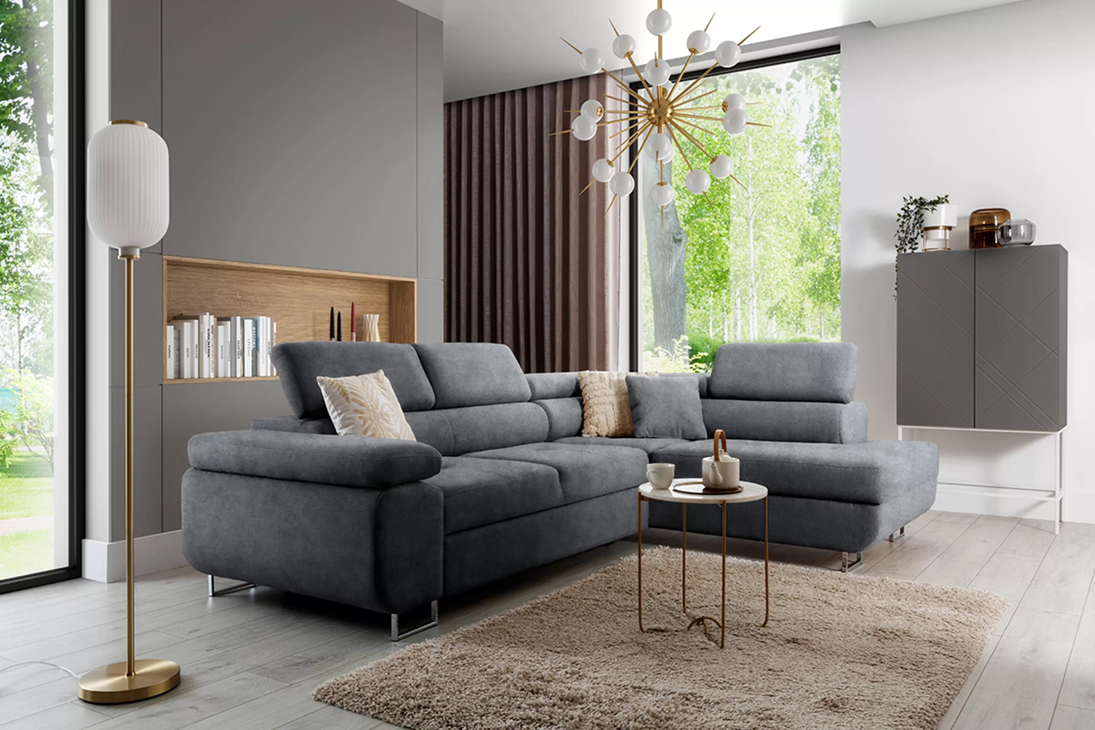 Rohová sedačka Annabelle L do obývačky pravostranná - grafitový hydrofóbny zamat Zetta 304 / chrómové nohy Rohová sedacia súprava do obývacej izby Annabelle pravá strana - Grafitový zamat hydrofobowy Zetta 304