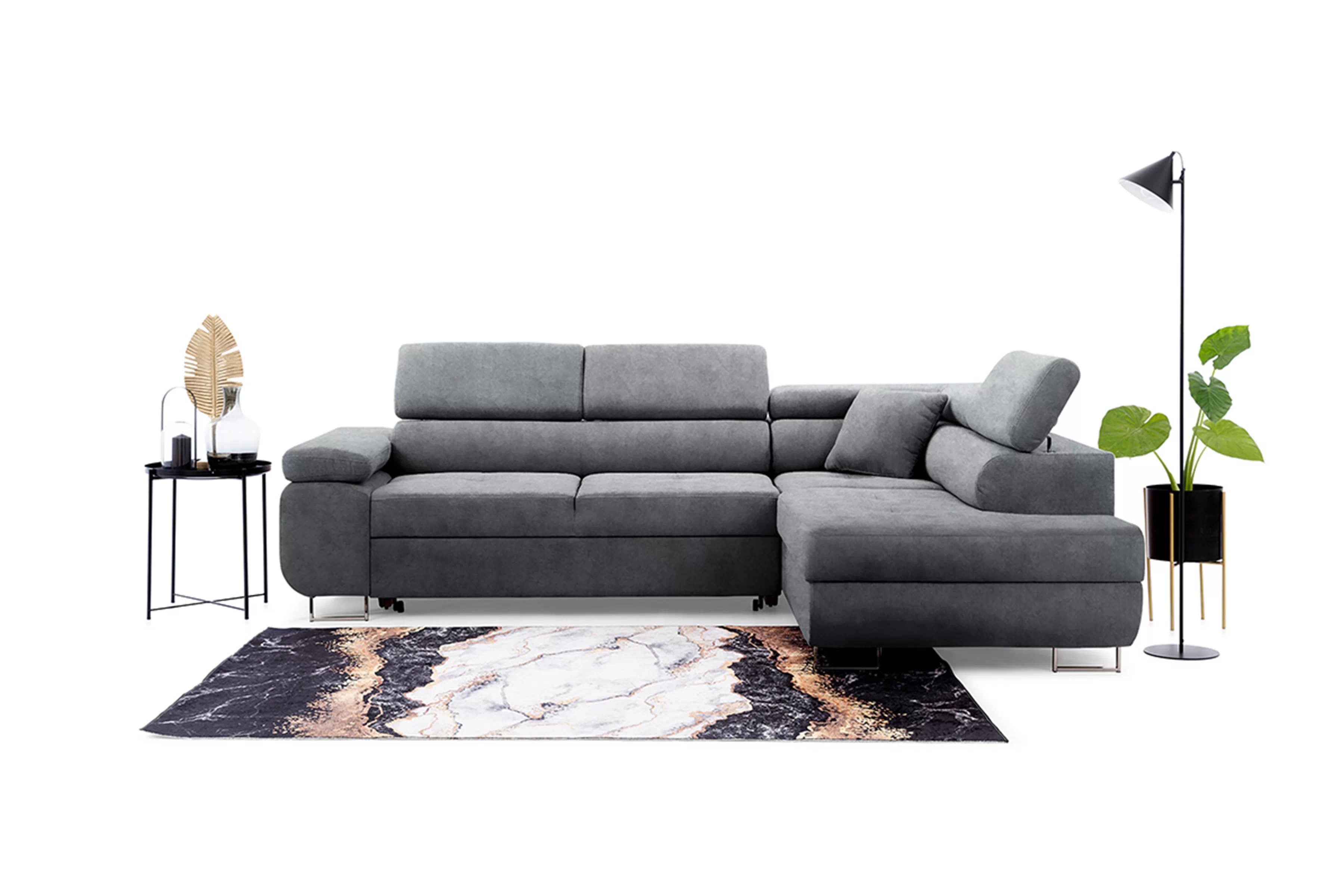 Rohová sedačka Annabelle L do obývačky pravostranná - grafitový hydrofóbny zamat Zetta 304 / chrómové nohy Rohová sedacia súprava do obývacej izby Annabelle pravá strana - Grafitový zamat hydrofobowy Zetta 304