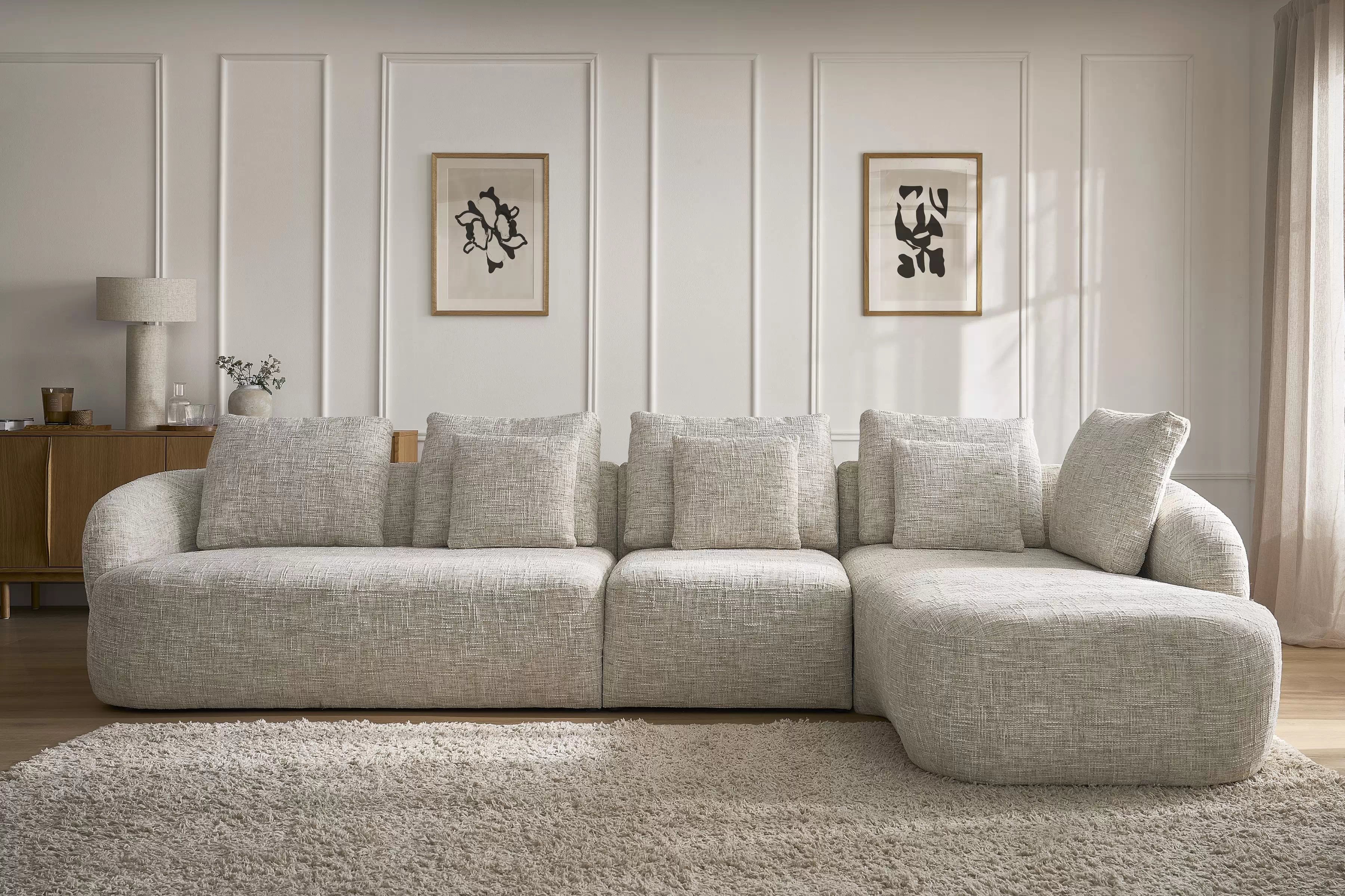 Rohová sedací souprava Finezal 2L+S+OTZP - béžová tkanina Tracy 211-04 Rohová sedací souprava pro obývacího pokoje Finezal 2L+S+OTZP - béžová plecionka Tracy 211-04