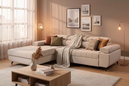 Rohová pohovka Dragonis L II s rozkladom ľavostranná - béžový šenil Perfect harmony 07 Rohová sedacia súprava Dragonis L II s funkciou spánku Ľavá strana - béžový šenil Perfect harmony 07