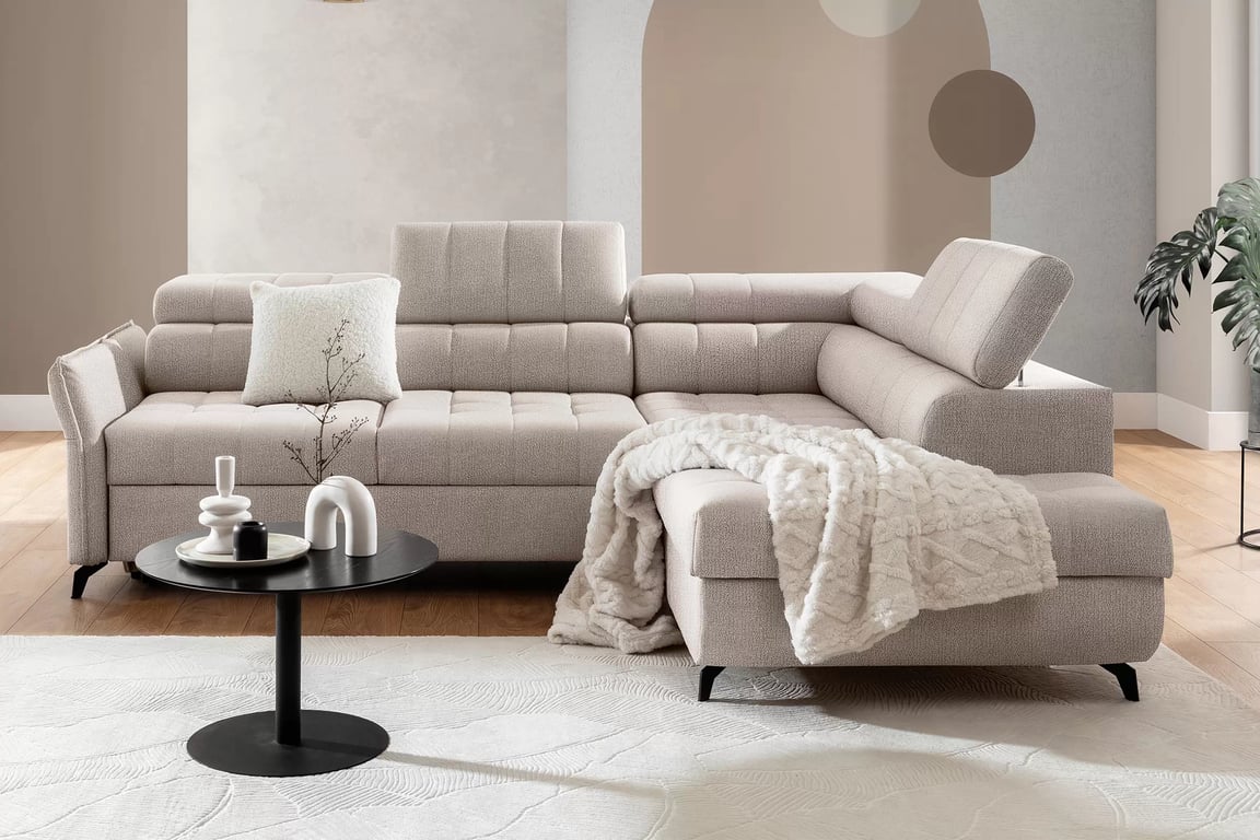 Canapea extensibilă colț dreapta Elarias L - șenil bej Perfect Harmony 07 Naroznik Elarias L z funkcja de dormit pe partea dreaptă - bej șenil Perfect Harmony 07