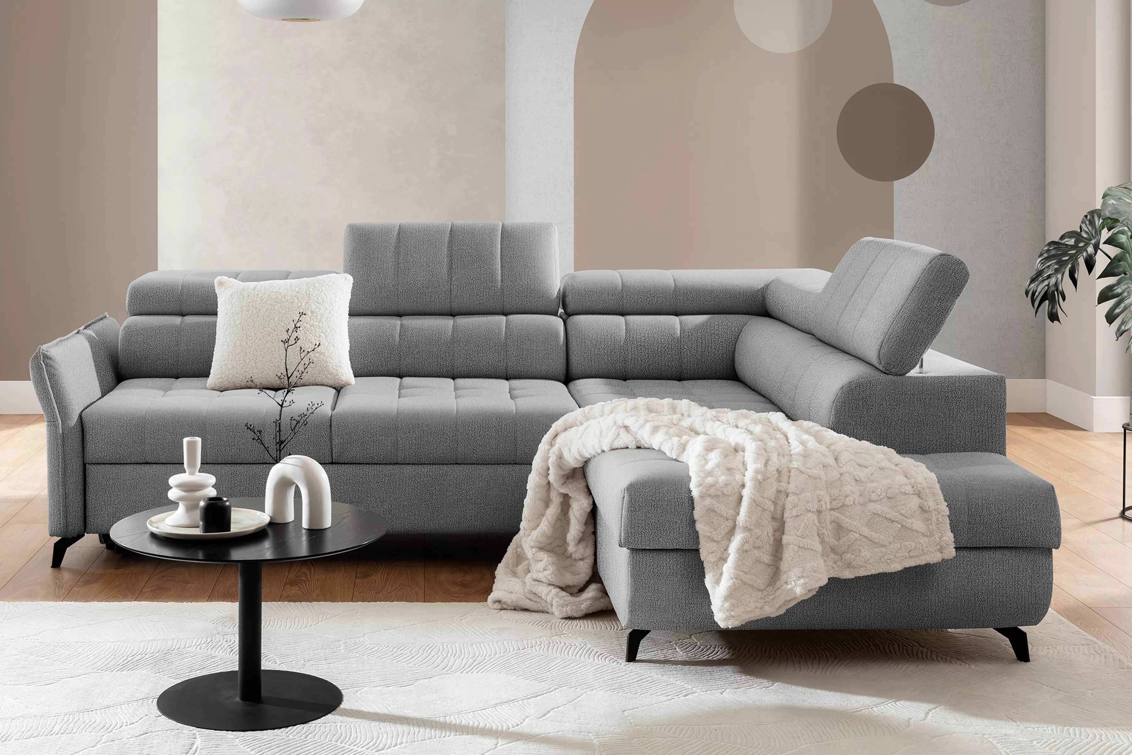 Rozkládací rohová sedací souprava Elarias L pravá - šedá Perfect Harmony 80 Rohová sedací souprava Elarias L rozkládací pravá - šedá šenil Perfect Harmony 80