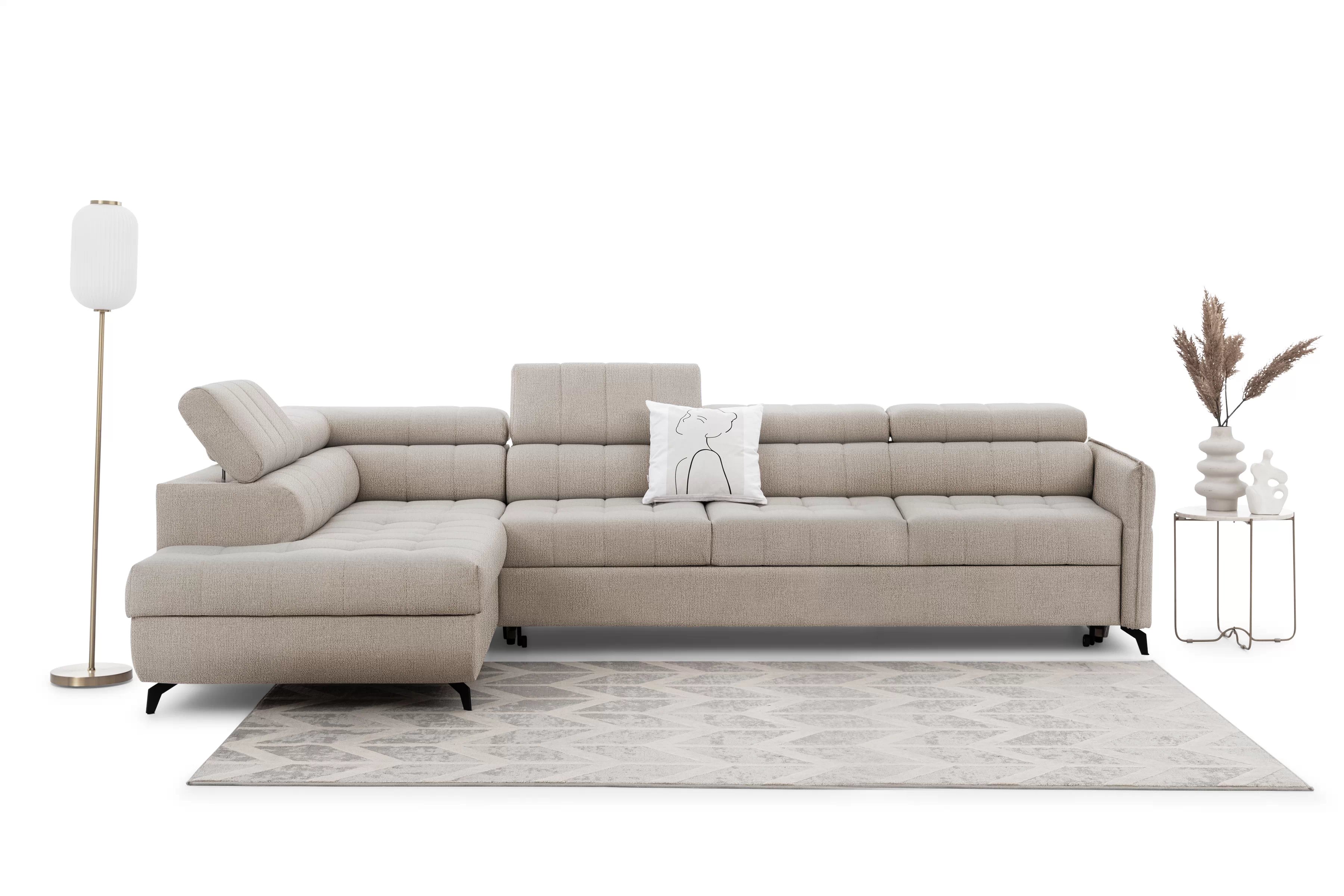 Rozkládací rohová sedací souprava Elarias Maxi levá - béžová Perfect Harmony 07 Rohová sedací souprava Elarias Maxi rozkládací levá - béžová šenil Perfect Harmony 07