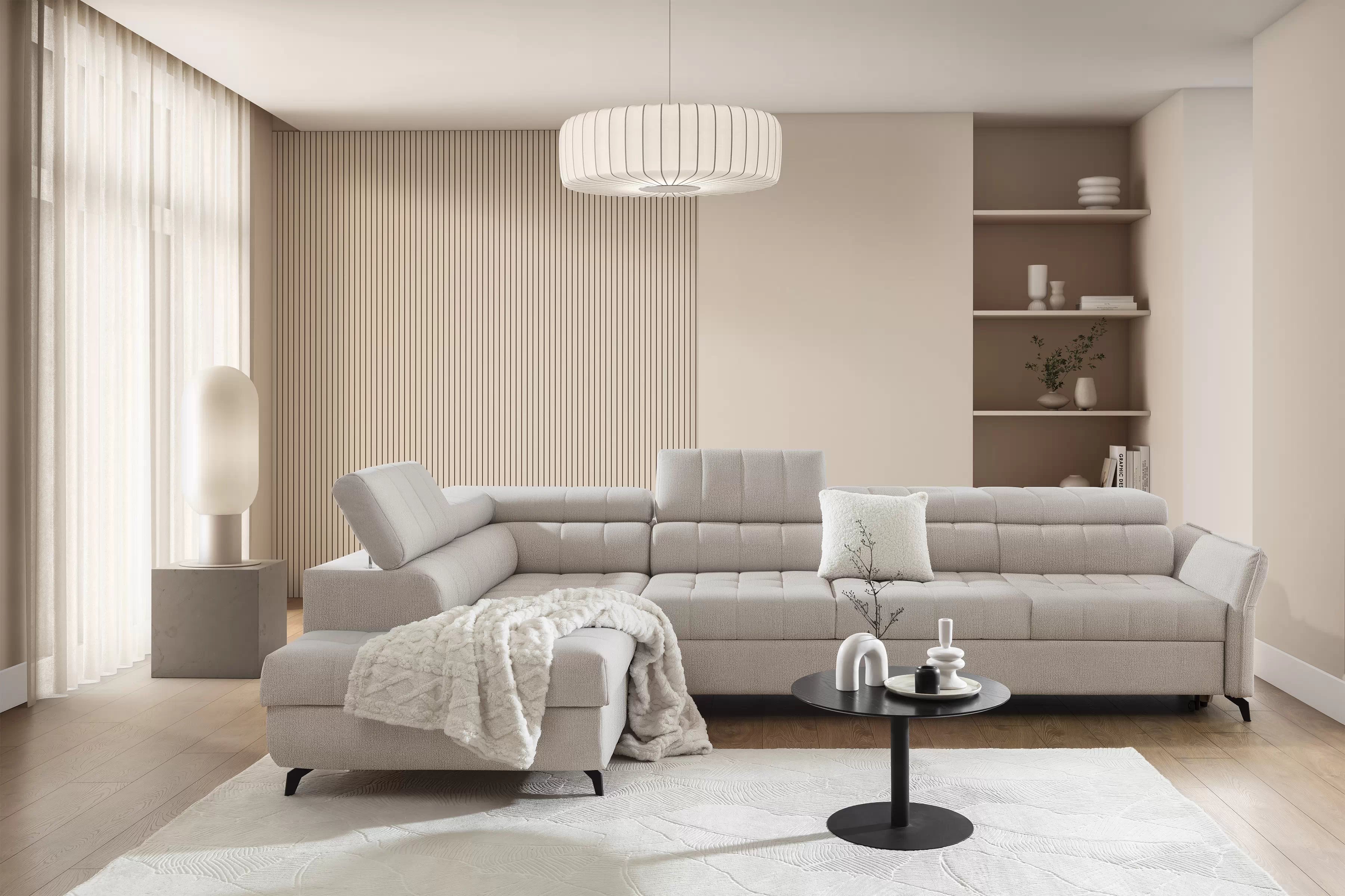 Rozkládací rohová sedací souprava Elarias Maxi levá - béžová Perfect Harmony 07 Rohová sedací souprava Elarias Maxi rozkládací levá - béžová šenil Perfect Harmony 07