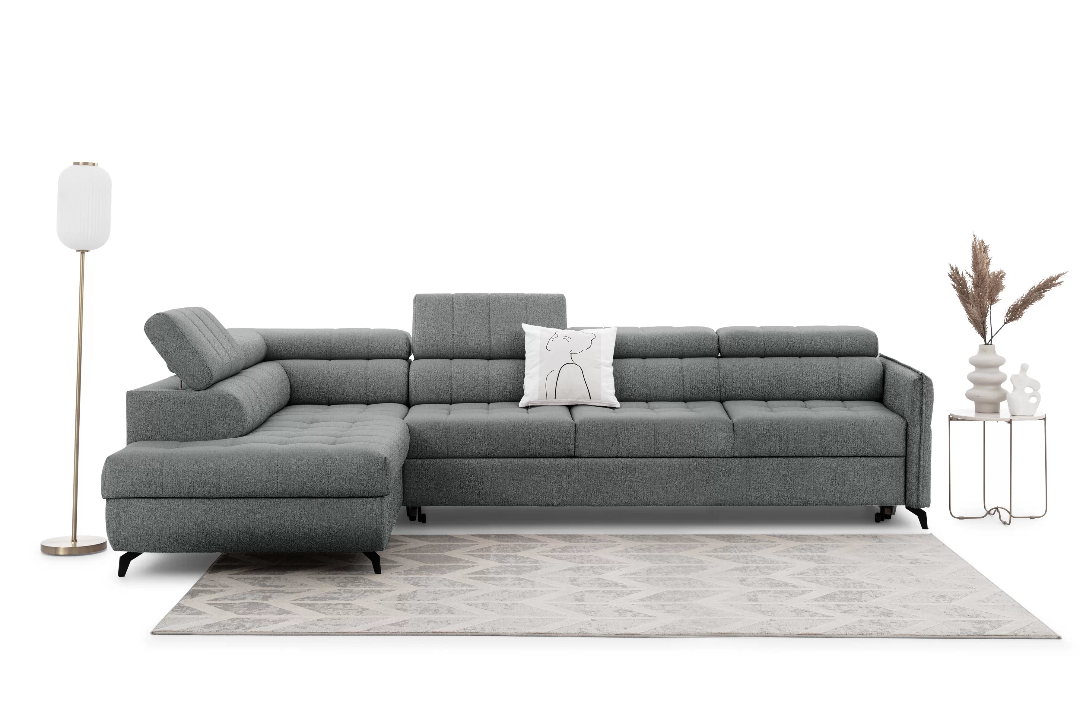 Rozkladacia rohová sedacia súprava Elarias Maxi ľavá - šedá žinylka Perfect Harmony 85 Rohová sedacia súprava Elarias Maxi s funkciou spánku Ľavá strana - šedý šenil Perfect Harmony 85