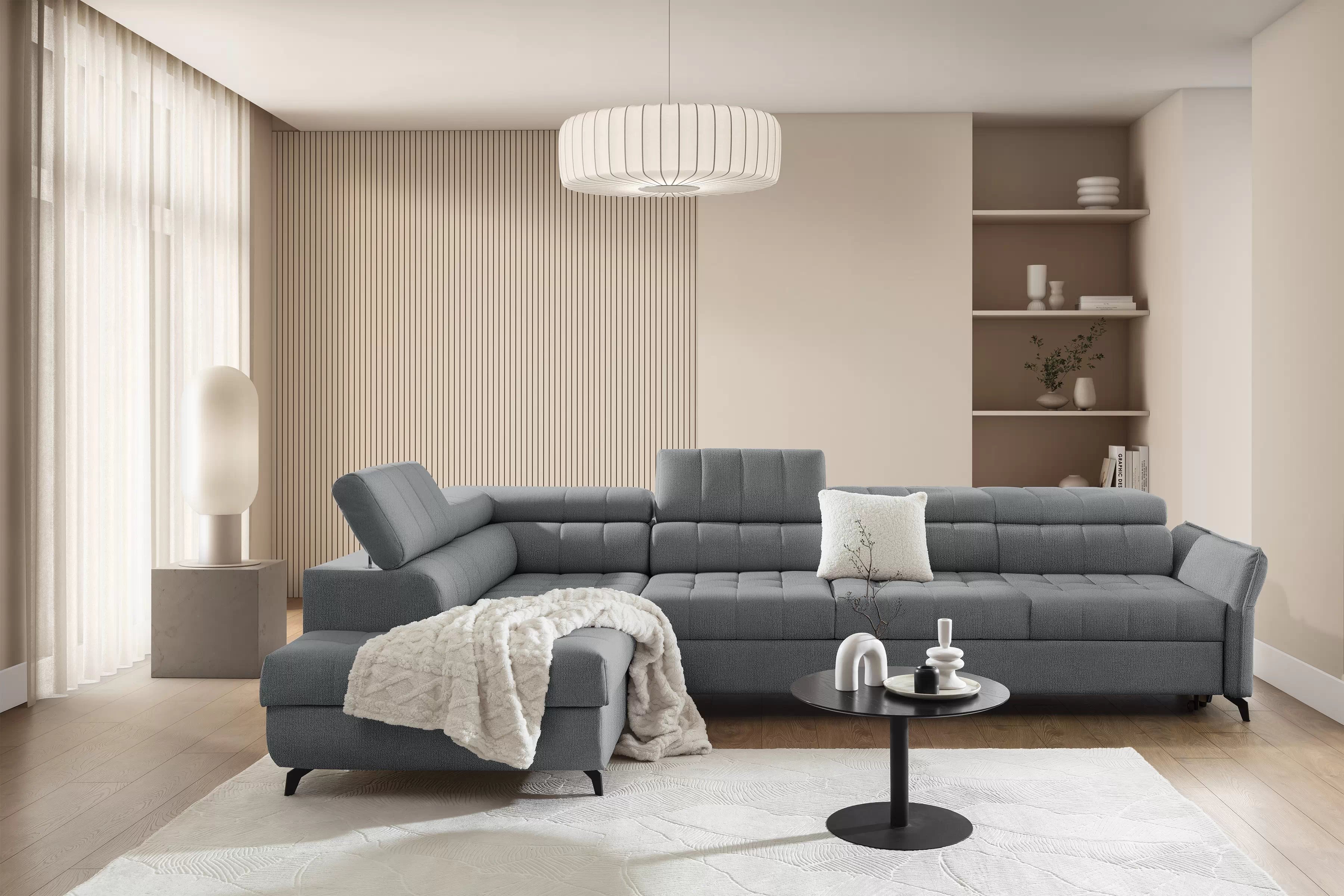 Rozkladacia rohová sedacia súprava Elarias Maxi ľavá - šedá žinylka Perfect Harmony 85 Rohová sedacia súprava Elarias Maxi s funkciou spánku Ľavá strana - šedý šenil Perfect Harmony 85