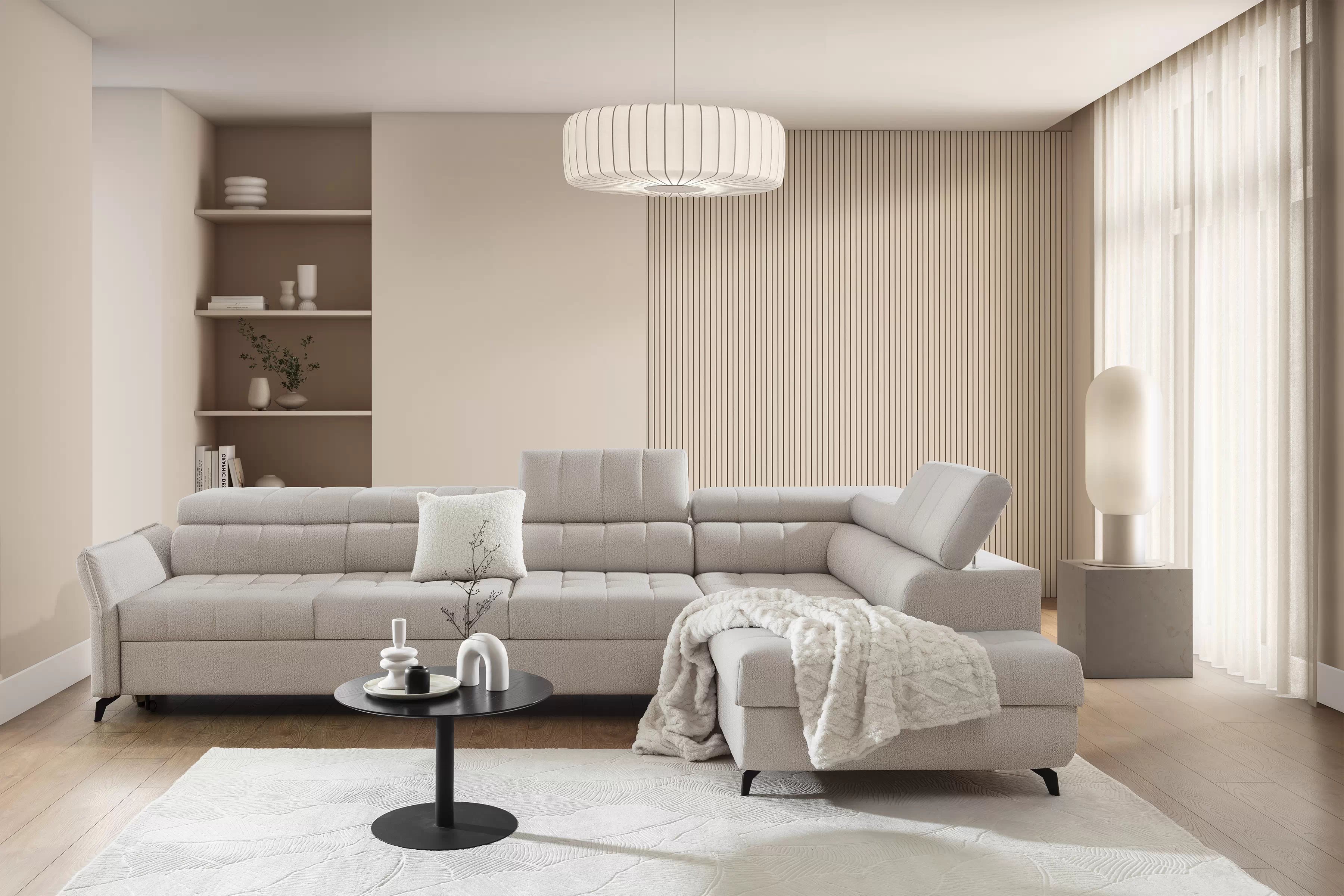 Rozkládací rohová sedací souprava Elarias Maxi pravá - béžová Perfect Harmony 07 Rohová sedací souprava Elarias Maxi rozkládací pravá - béžová šenil Perfect Harmony 07