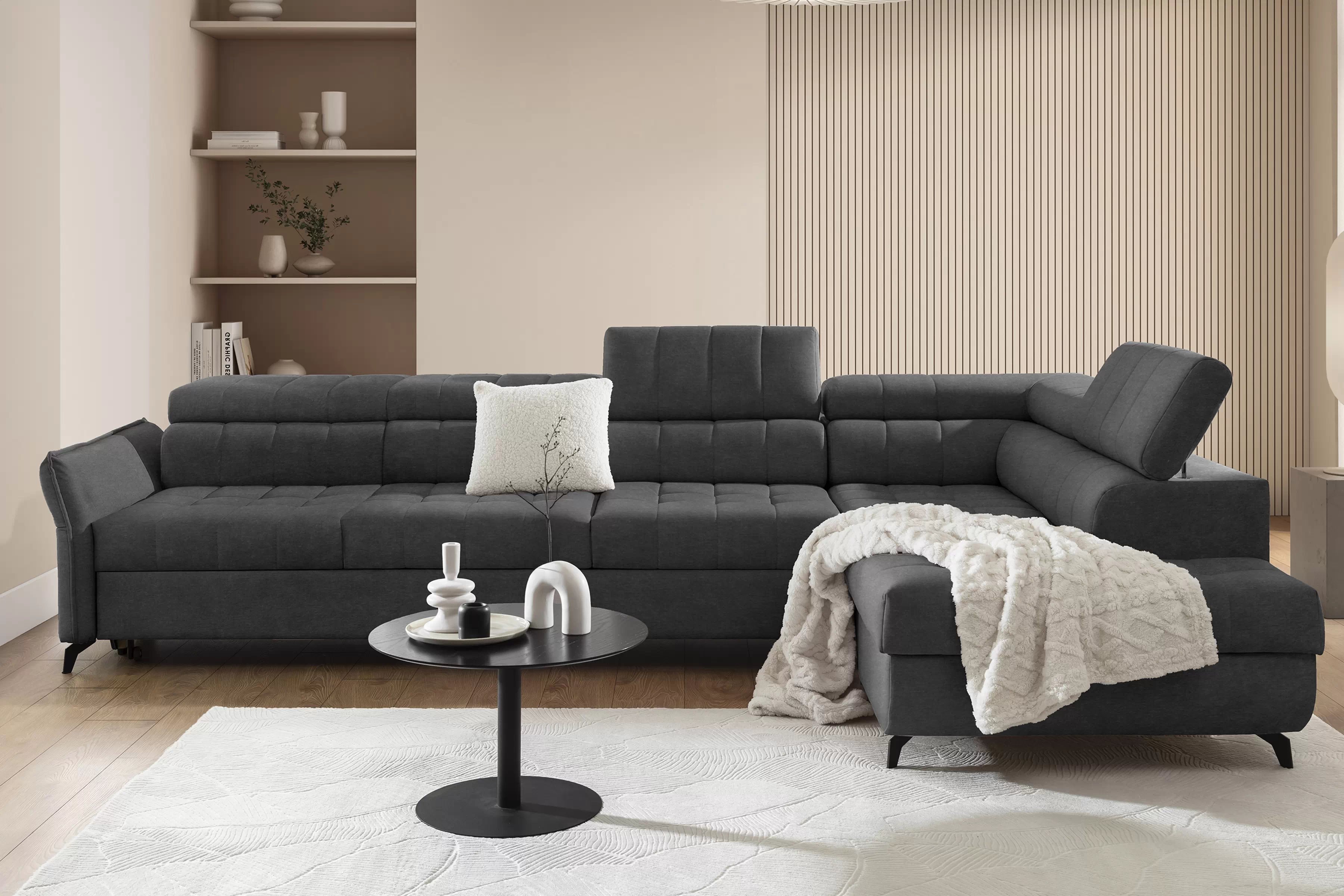 Rozkladacia rohová sedacia súprava Elarias Maxi pravá - grafitový ľahkočistiaci zamat Zetta 305 Rohová sedacia súprava Elarias Maxi s funkciou spánku pravá strana - Grafitový velúr ľahkočistiaci Zetta 305