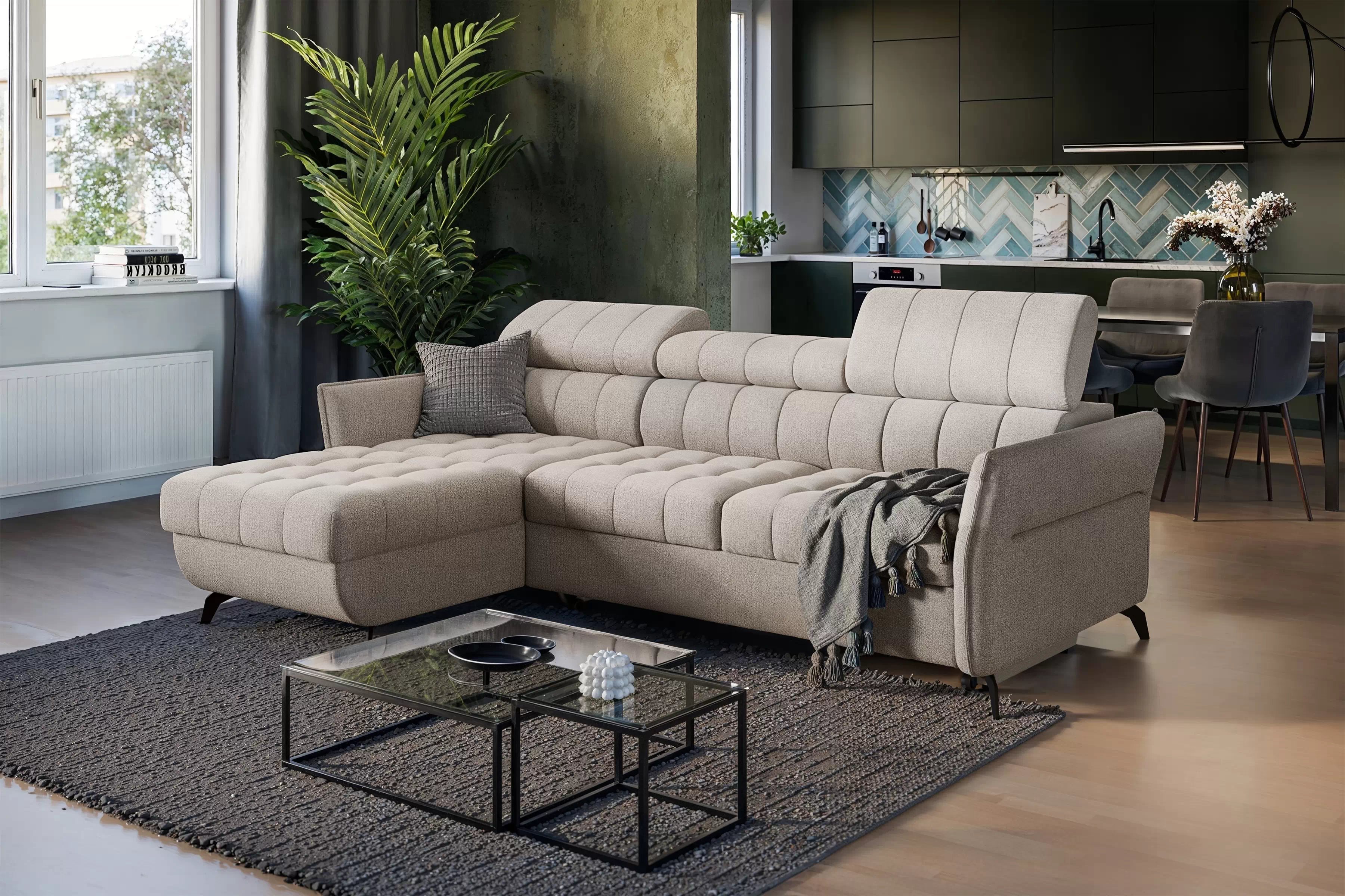 Rohová pohovka Elarias Mini s rozkladem levostranná - béžový šenil Perfect harmony 07 Rohová sedací souprava Elarias Mini rozkládací levá - béžová šenil Perfect harmony 07