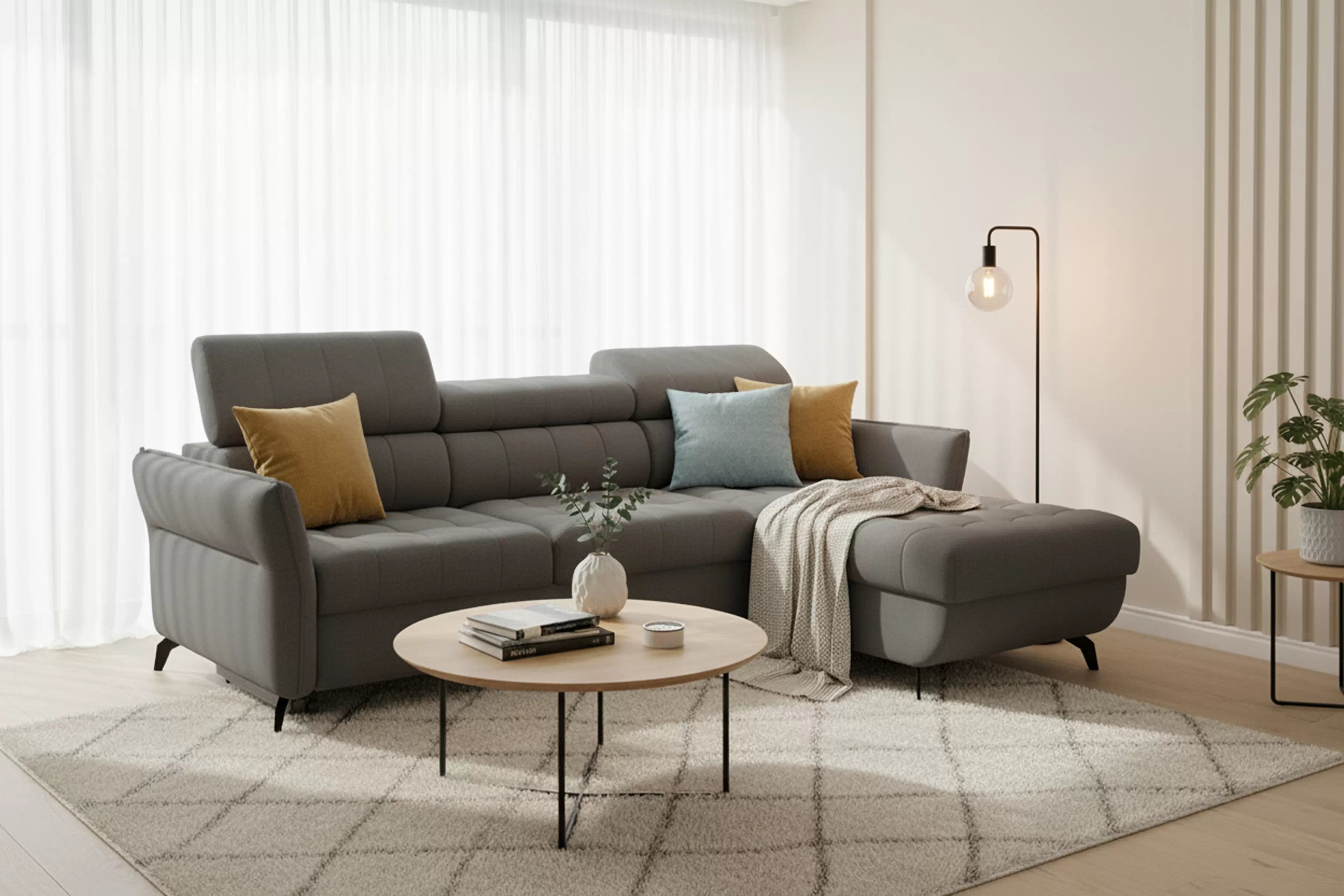 Rohová pohovka Elarias Mini s rozkladem univerzální levá/pravá - šedá tkanina Ado 1614 Gargoyle Rohová sedací souprava Elarias Mini rozkládací uniwersalny Levá/pravý - šedá plecionka Ado 1614 Gargoyle