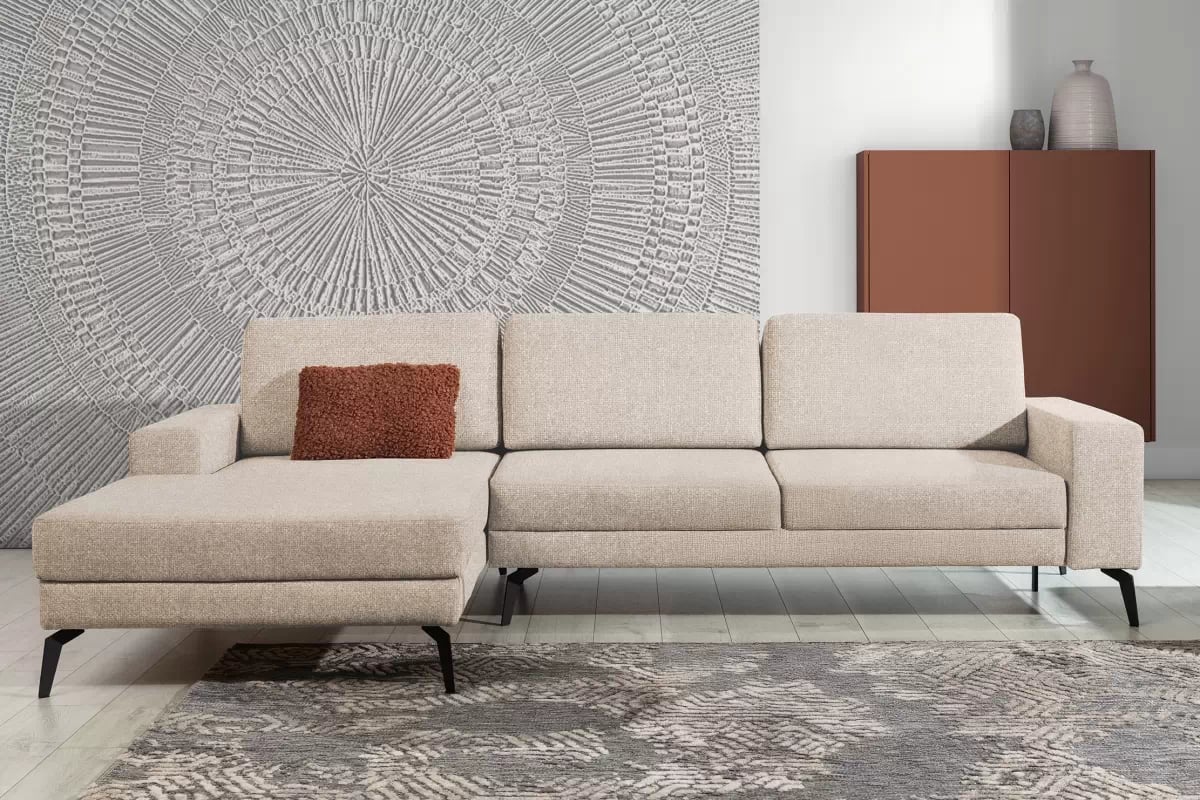 Rozkládací rohová sedací souprava Elentio Mini levá - béžová látka Magni 206.02 Rohová sedací souprava Elentio Mini rozkládací levá - béžová plecionka Magni 206.02