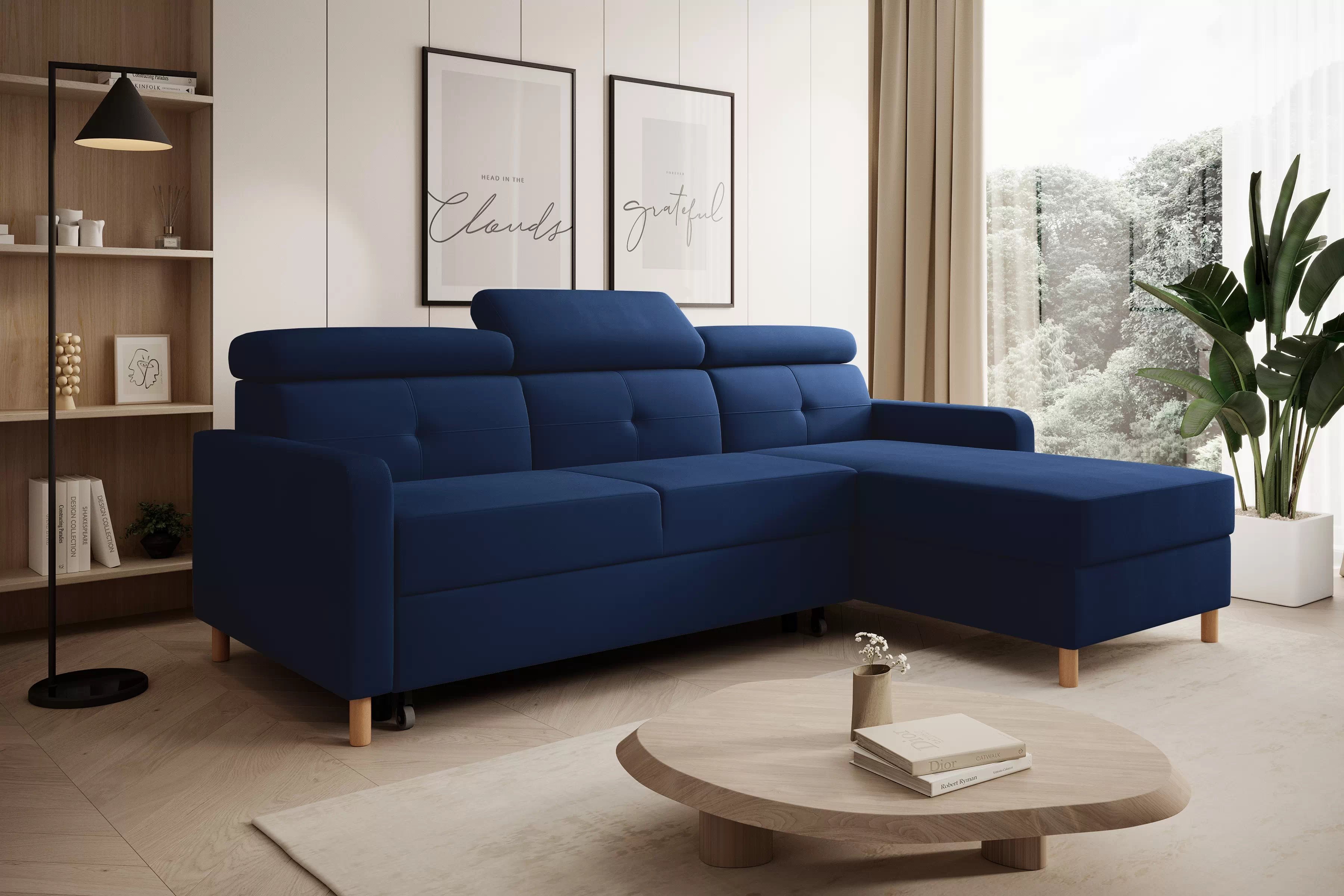 Rohová pohovka Filo s rozkladem univerzální levá/pravá - modrý samet Bluvel 86 Rohová sedací souprava Filo rozkládací uniwersalny Levá/pravý - modrá samet Bluvel 86