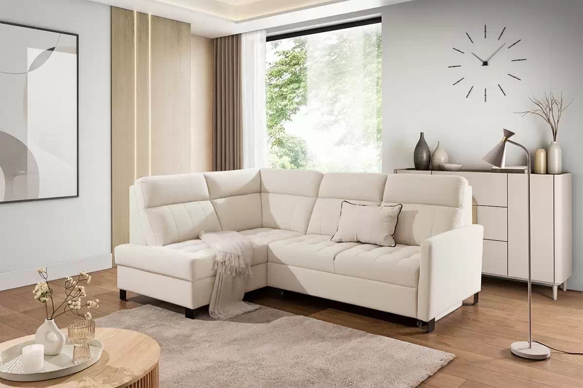 Rohová sedačka Gespano L ľavostranná s úzkou opierkou - krémová látka Sand 03 Rohová sedacia súprava Gespano L Ľavá strana z waskim bokiem - kremowa dzianina Sand 03