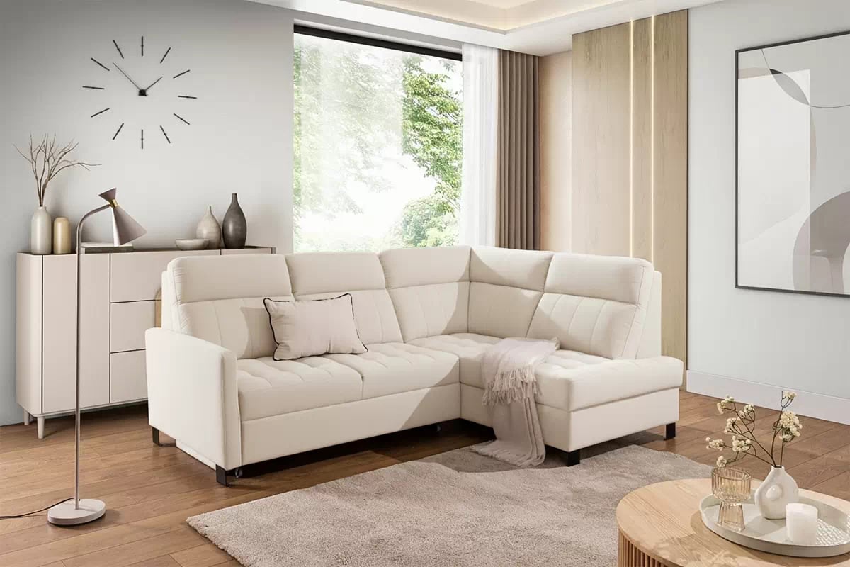 Rohová sedačka Gespano L pravostranná s úzkou opierkou - krémová tkanina Sand 03 Rohová sedacia súprava Gespano L pravá strana z waskim bokiem - kremowa dzianina Sand 03