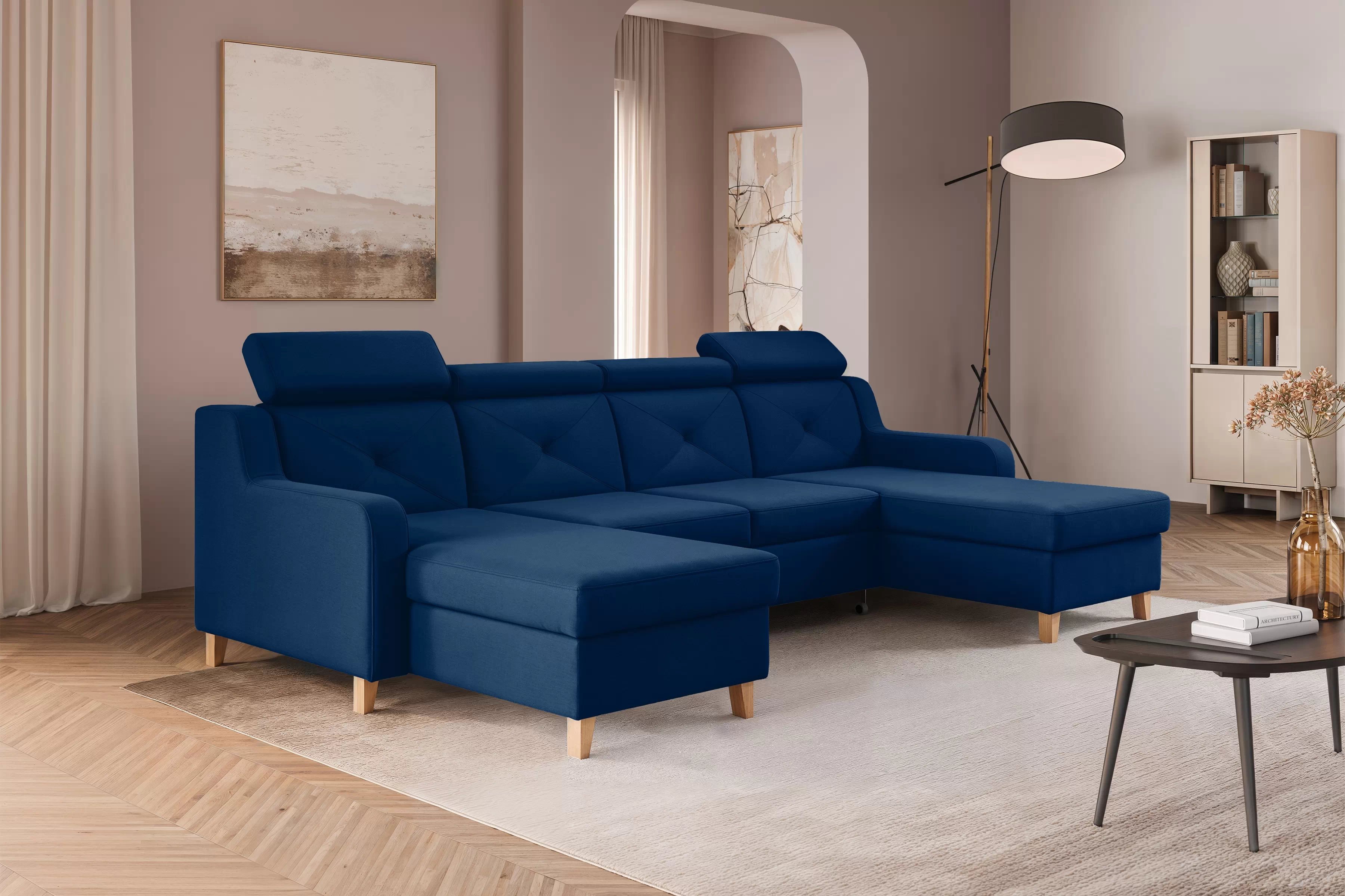 Rozkládací rohová sedací souprava Laksaro U - tmavě modrá Trinity 31 Rohová sedací souprava Laksaro U uniwersalny prawo/levá - tmavě modrá welwet Trinity 31