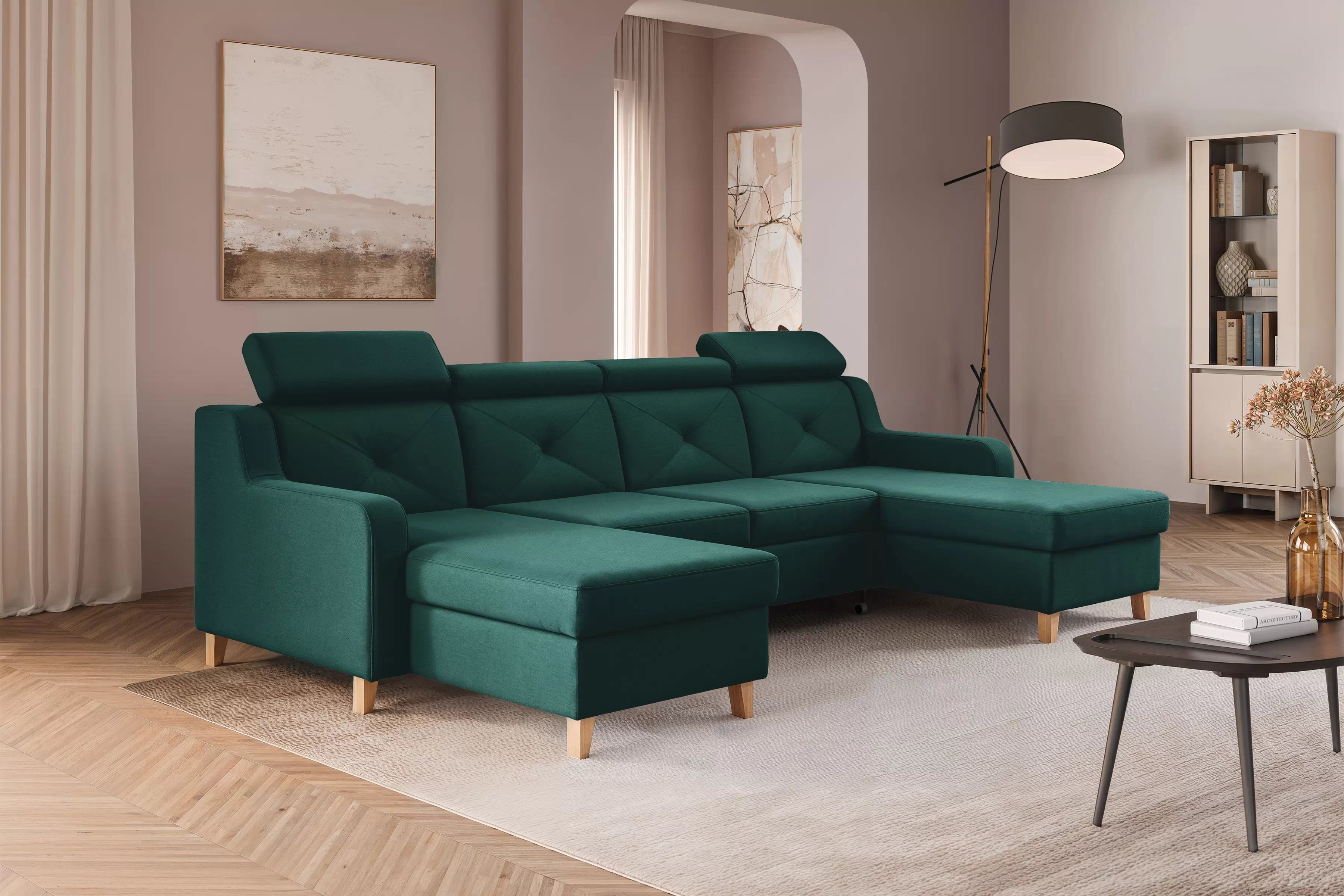 Rozkládací rohová sedací souprava Laksaro U - zelená Trinity 28 Rohová sedací souprava Laksaro U uniwersalny prawo/levá - zelená welwet Trinity 28