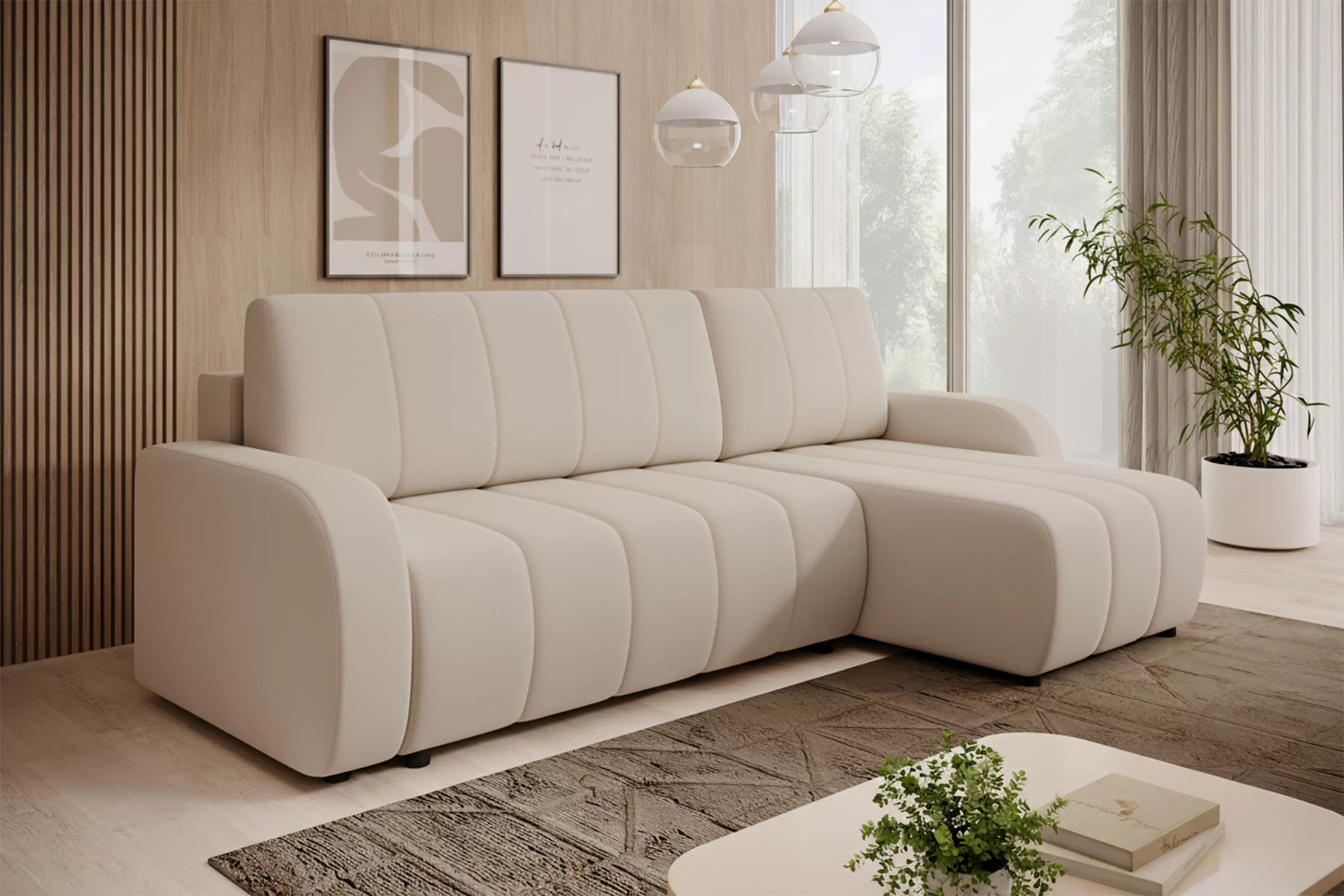 Rohová sedačka Lapios s rozkladom pravostranná - béžový zamat Vogue 2 Rohová sedacia súprava Lapios s funkciou spánku pravá strana - béžový velúr Vogue 2 