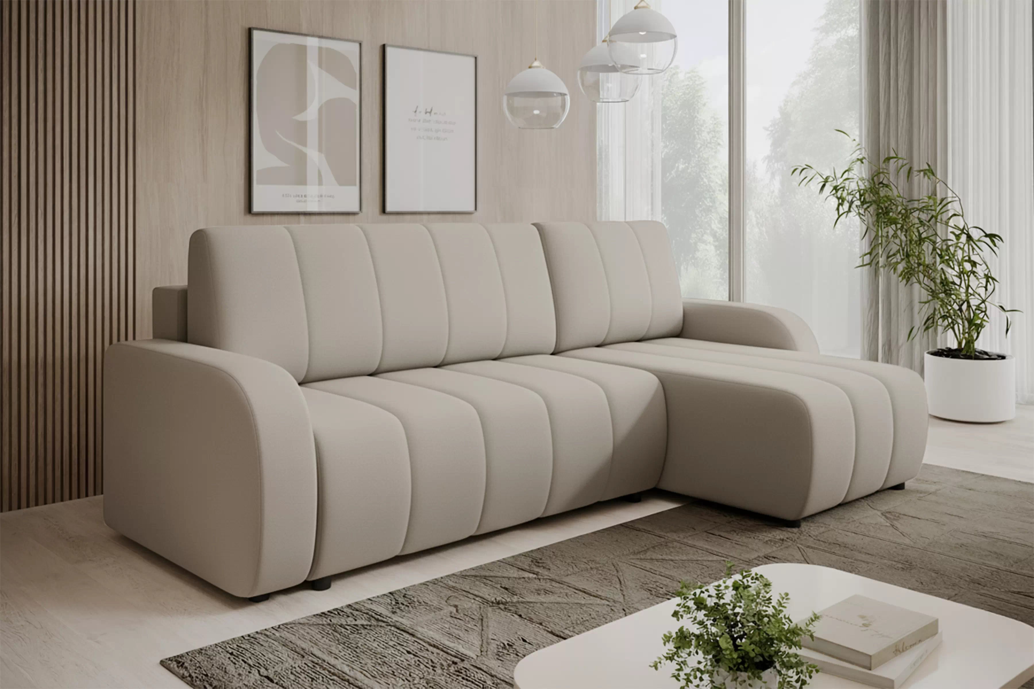 Rohová pohovka Lapios pravá s funkcí spánku - béžový samet Matt Velvet 9 Rohová sedací souprava Lapios rozkládací pravá - béžová welwet Matt Velvet 9