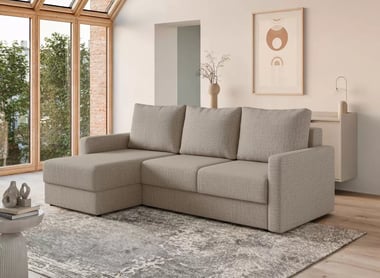 Rozkládací rohová sedačka Laveris univerzální pravá/levá - béžová tkanina Gemma 13 Rohová sedací souprava Laveris rozkladany uniwersalny prawo/levá - béžová plecionka Gemma 13