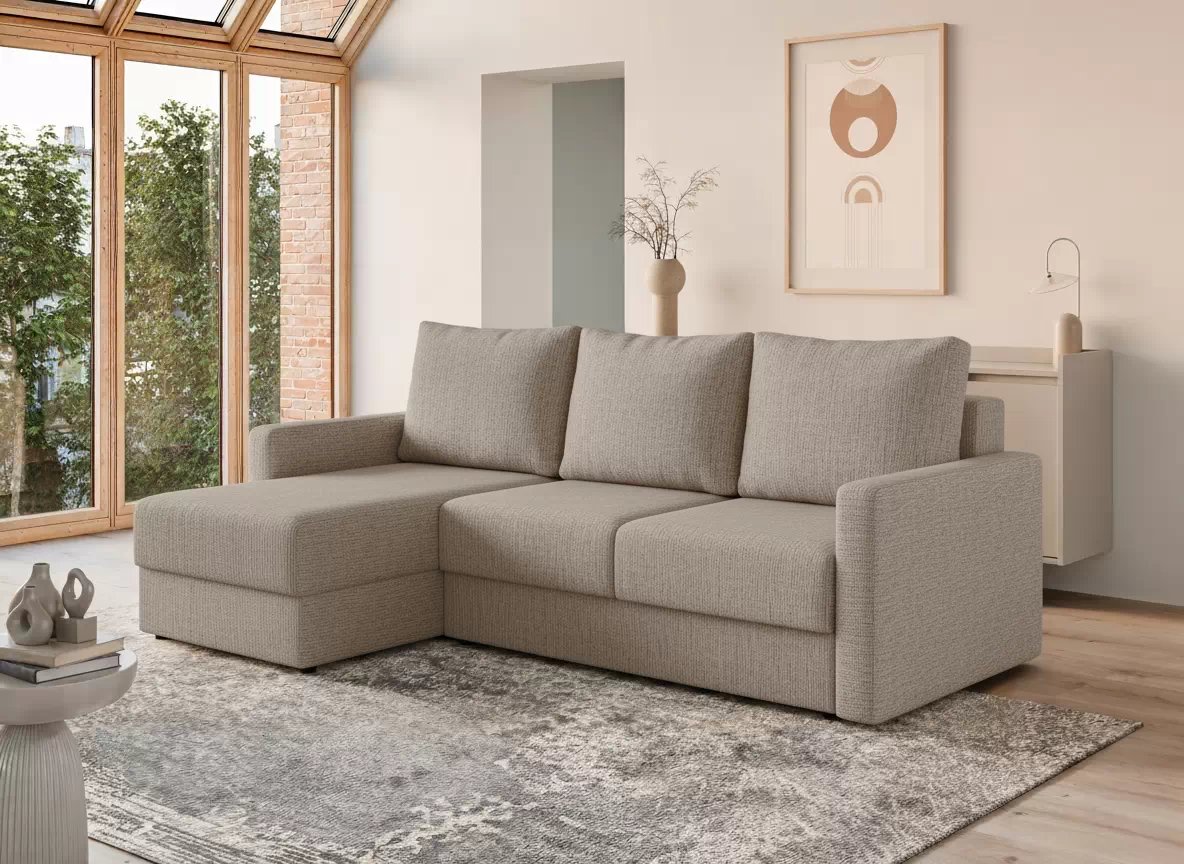 Rozkládací rohová sedačka Laveris univerzální pravá/levá - béžová tkanina Gemma 13 Rohová sedací souprava Laveris rozkladany uniwersalny prawo/levá - béžová plecionka Gemma 13