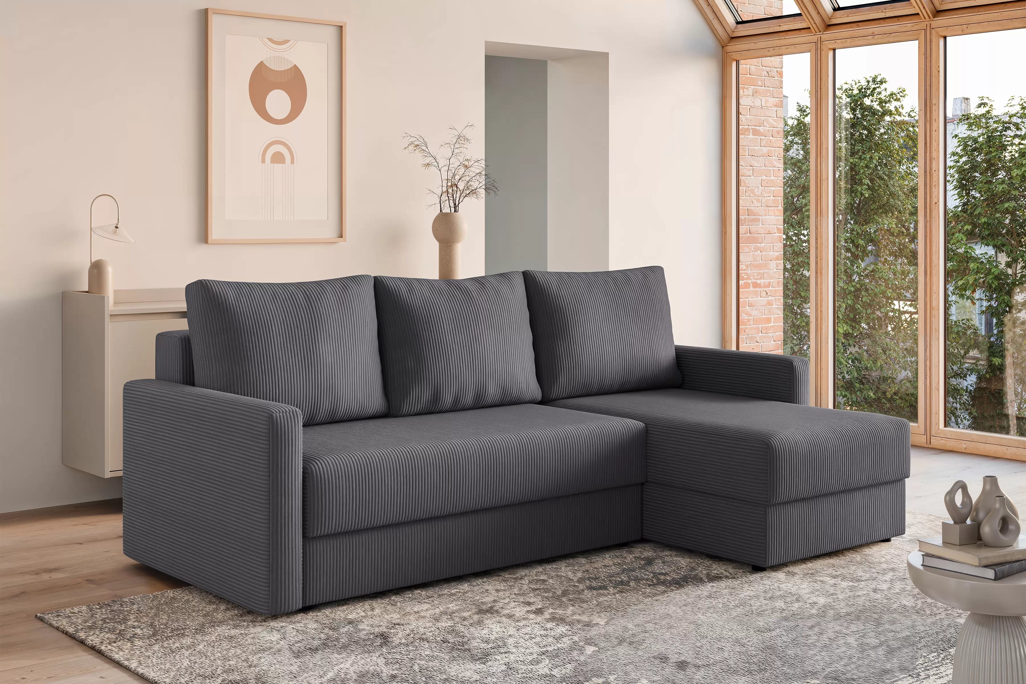 Rozkládací rohová sedací souprava Laveris - grafitová Lincoln 90 Rohová sedací souprava Laveris rozkladany uniwersalny prawo/levá - grafitová manšestr Lincoln 90