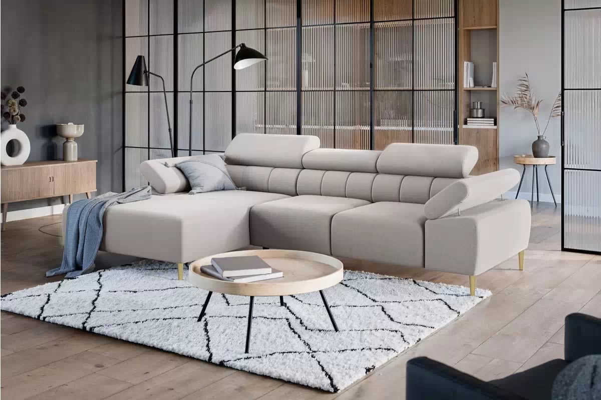 Rohová sedací souprava Taloria Mini levá - béžová látka Maya 01 / zlaté nožky Rohová sedací souprava levá Taloria Mini - Maya 01, Nohy zlaté