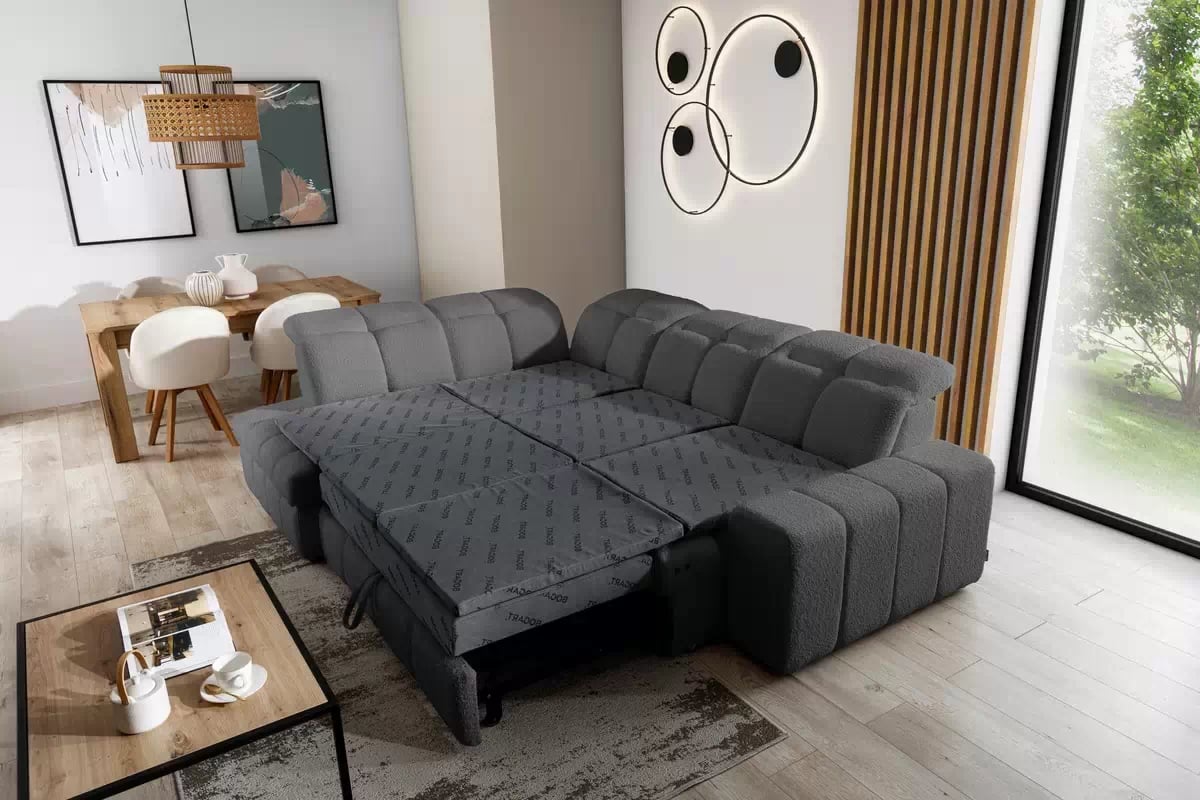 Rozkladacia rohová sedačka Magnelio L ľavá s el. výsuvom - sivé buklé Catch Me 25 Rohová sedacia súprava Ľavá strana rozkladany s elektricky výsuvným sedákem Magnelio L - šedá boucle Catch me 25