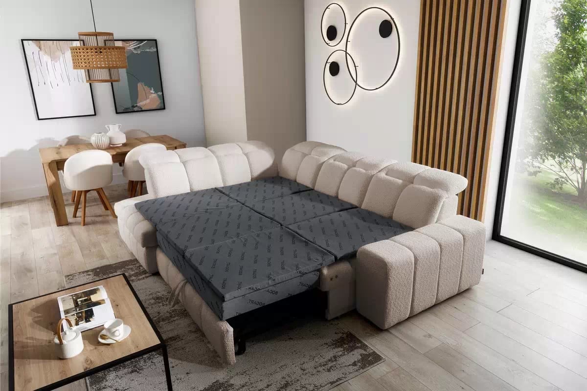 Rozkladacia rohová sedačka Magnelio L ľavá s el. výsuvom - béžové buklé Catch Me 02 Rohová sedacia súprava Ľavá strana rozkladany s elektricky výsuvným sedákem Magnelio L - Béžová boucle Catch me 2