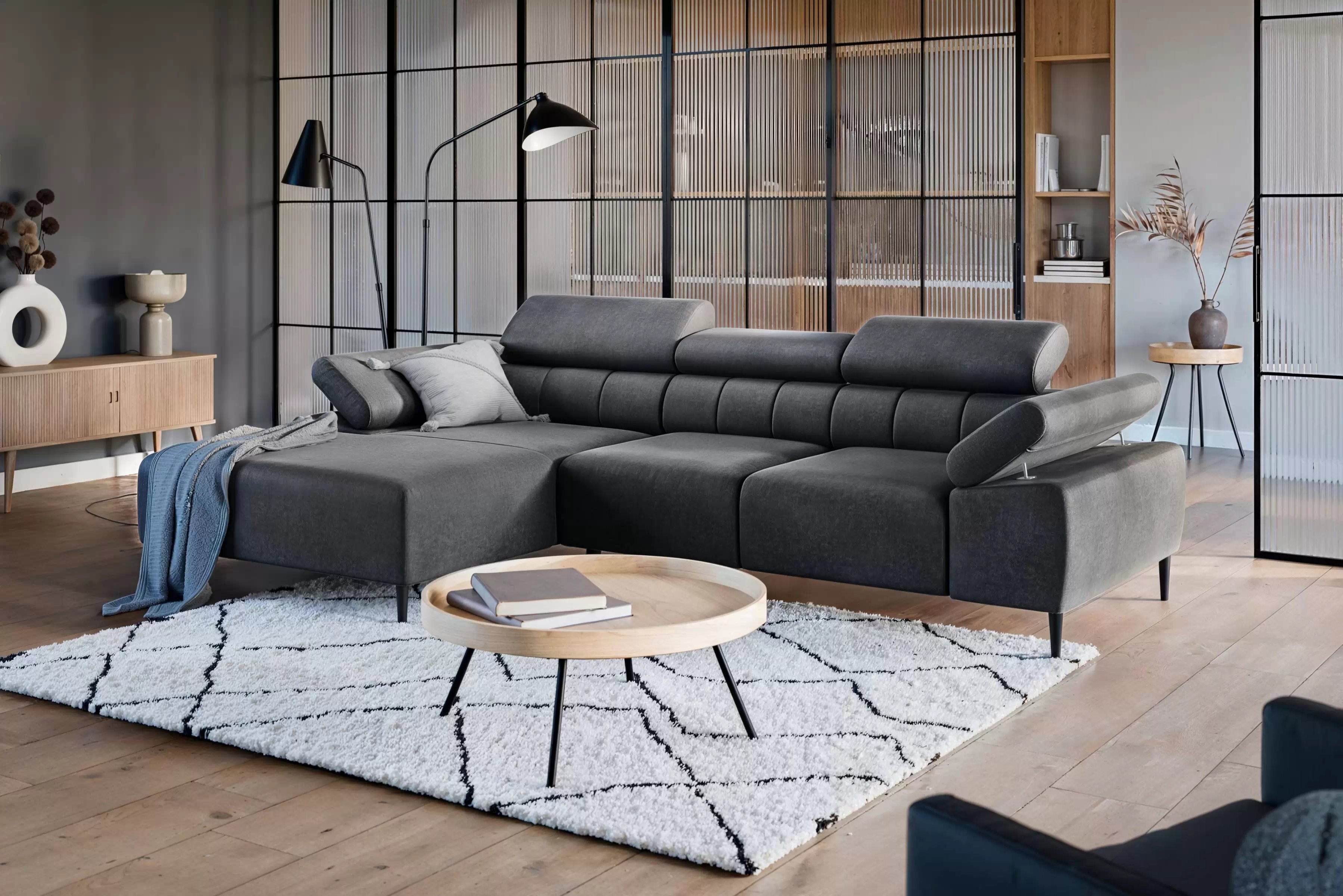 Rohová sedačka Taloria Mini s el. výsuvným sedadlom ľavá - šedý ľahkočistiaci zamat Zetta 305 / čierne nožičky Rohová sedacia súprava Ľavá strana Taloria Mini - Zetta 305, nožičky čierny