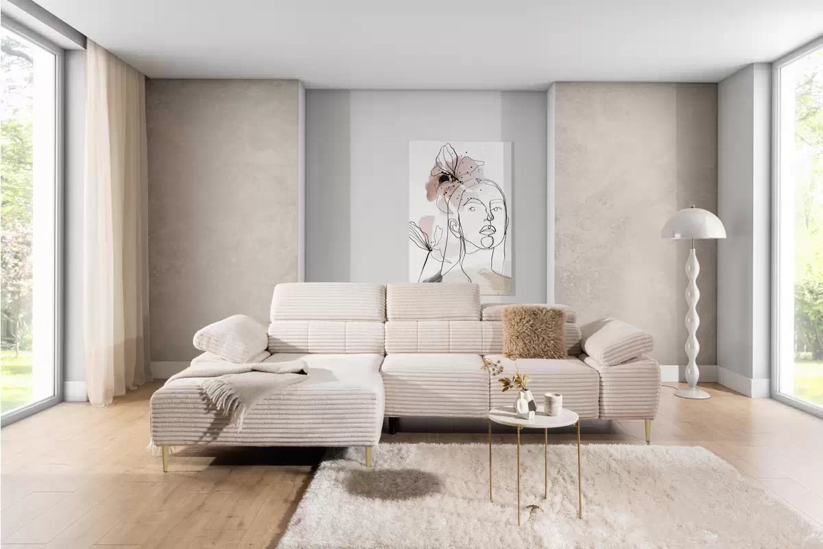 Rohová sedačka Taloria Mini s el. výsuvným sedadlom ľavá - béžový plyš Tilia 01 / zlaté nožičky Rohová sedacia súprava Ľavá strana Taloria Mini - Tilia 01, nožičky zlote