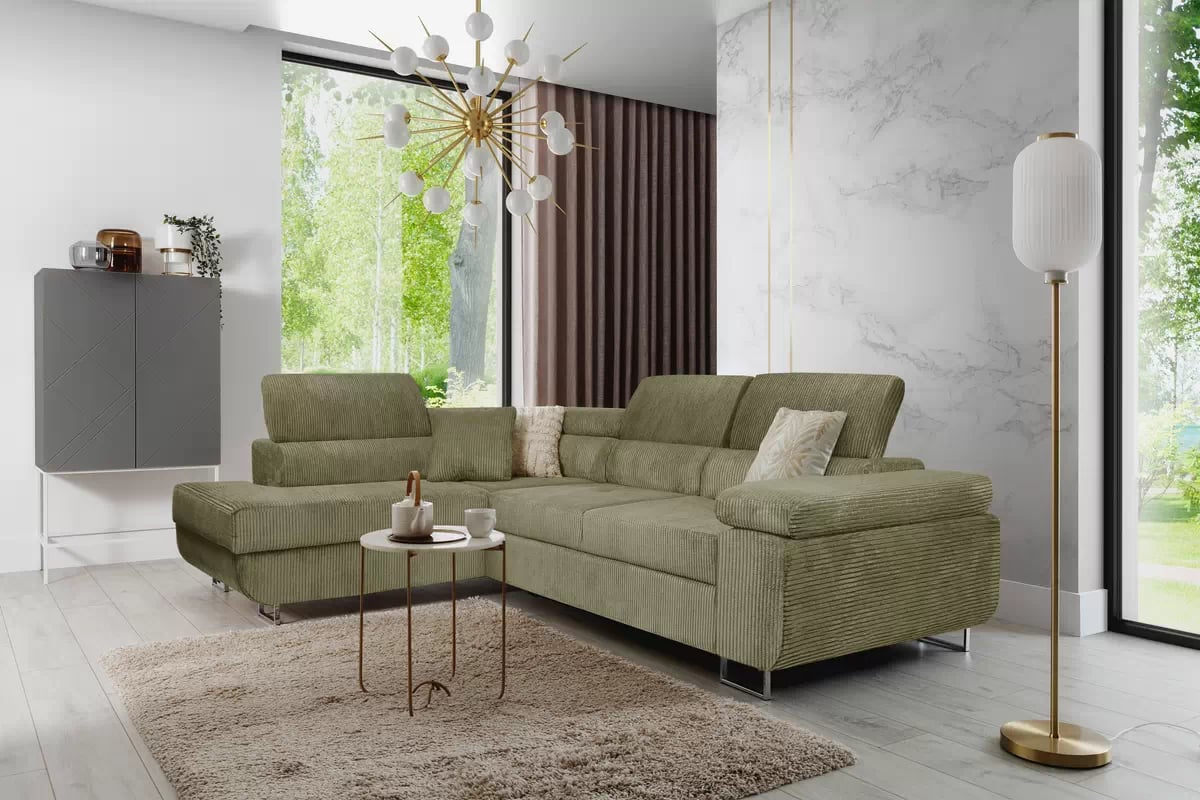 Rohová sedačka Annabelle L do obývačky ľavostranná - zelený menčester Lincoln 37 / chrómové nohy Rohová sedacia súprava Ľavá strana do obývacej izby Annabelle - Zelený MENČESTER Lincoln 37