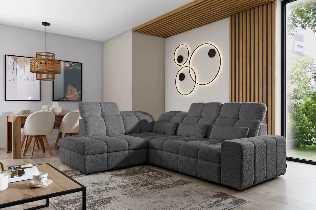 Rozkladacia rohová sedačka Magnelio L ľavá s el. výsuvom - sivé buklé Catch Me 25 Rohová sedacia súprava Ľavá strana rozkladany s elektricky výsuvným sedákem Magnelio L - šedá boucle Catch me 25