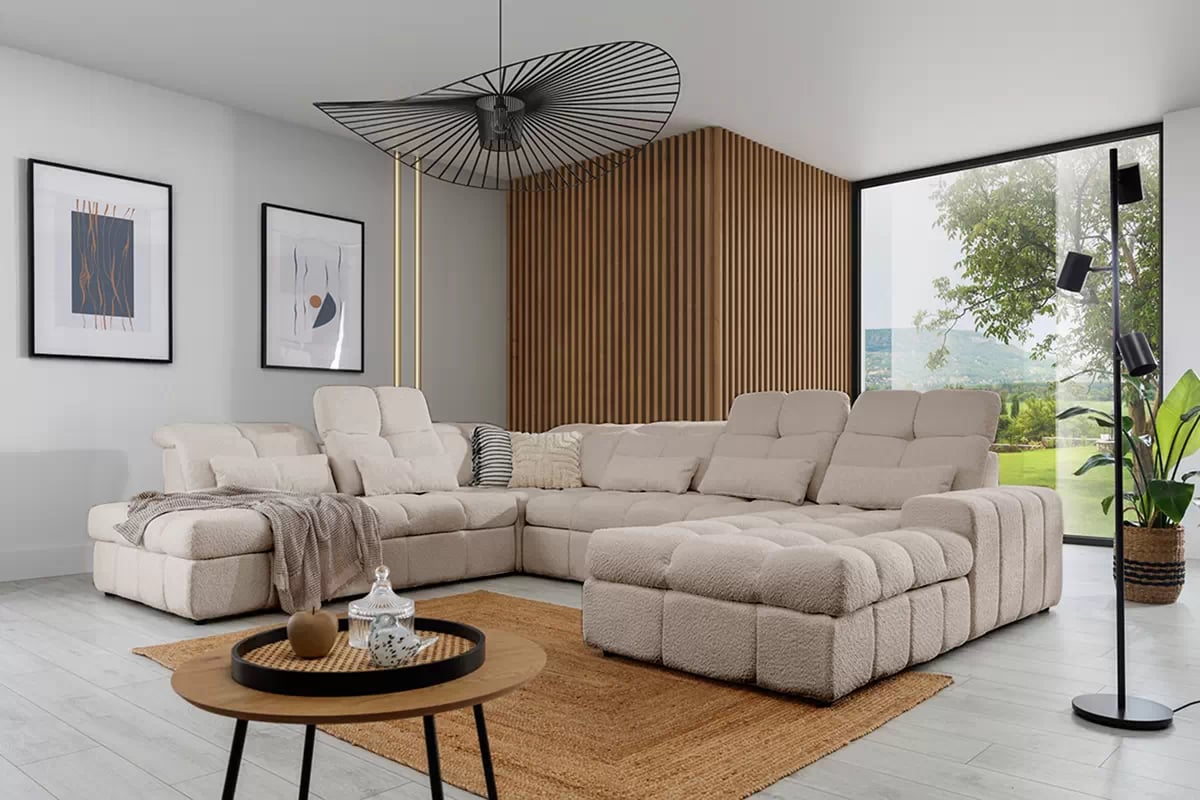 Elektrický rozkládací rohový gauč Magnelio U II levý - béžová bouclé Catch Me 2 Rohová sedací souprava Strana levá rozkládací z elektricky wysuwanym sedadlem Magnelio U II - Béžová boucle Catch me 2 