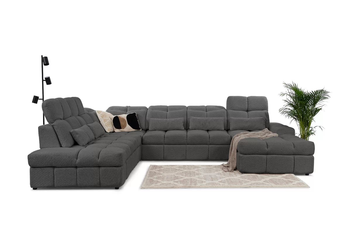 Rohová sedacia súprava Magnelio U II ľavá elektrická s rozkladacou funkciou - sivá bouclé Catch Me 25 Rohová sedacia súprava Ľavá strana rozkladany s elektricky výsuvným sedákem Magnelio U II - šedá boucle Catch Me 25 