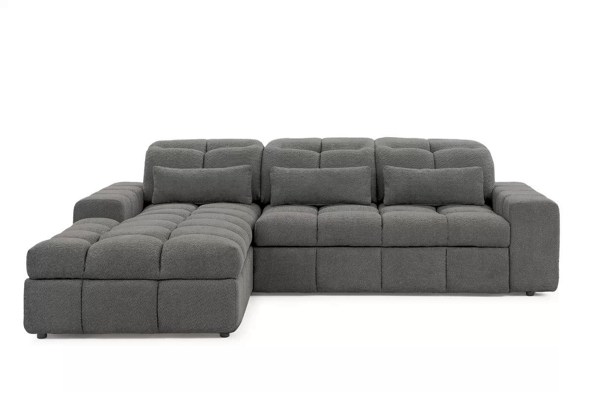 Elektrický rozkládací rohový gauč Magnelio Mini levý - šedá bouclé Catch Me 25 Rohová sedací souprava Strana levá z elektricky wysuwanym sedadlem i funkcja spaní Magnelio Mini - šedá boucla Catch Me 25