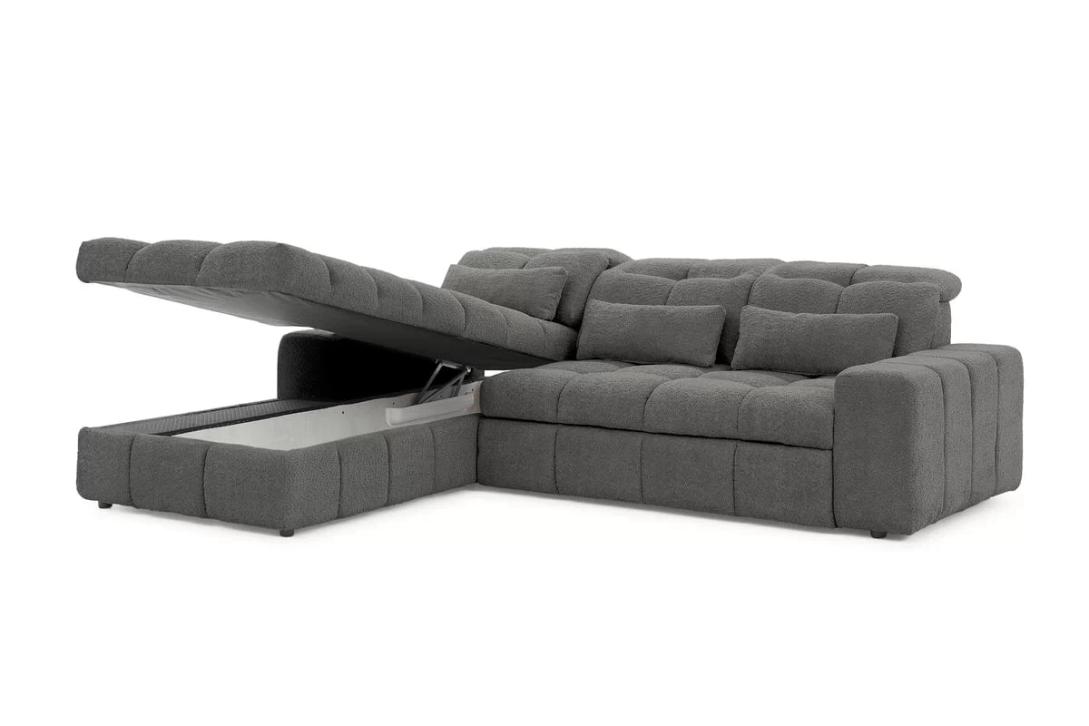 Elektrický rozkládací rohový gauč Magnelio Mini levý - šedá bouclé Catch Me 25 Rohová sedací souprava Strana levá z elektricky wysuwanym sedadlem i funkcja spaní Magnelio Mini - šedá boucla Catch Me 25