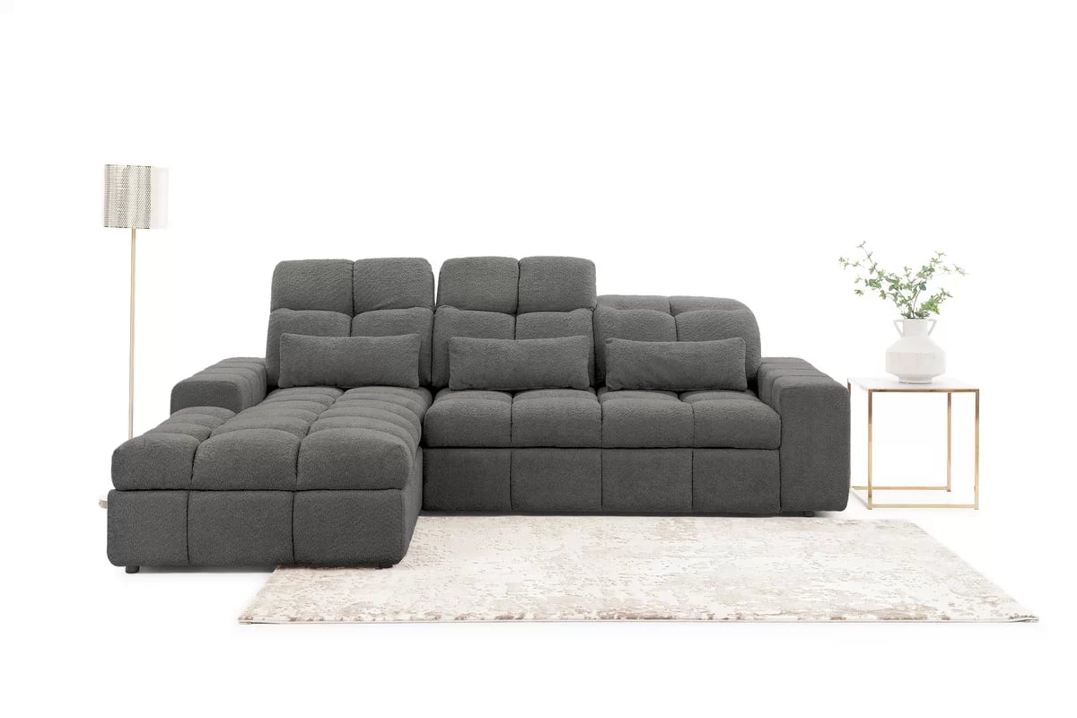 Elektrický rozkládací rohový gauč Magnelio Mini levý - šedá bouclé Catch Me 25 Rohová sedací souprava Strana levá z elektricky wysuwanym sedadlem i funkcja spaní Magnelio Mini - šedá boucla Catch Me 25