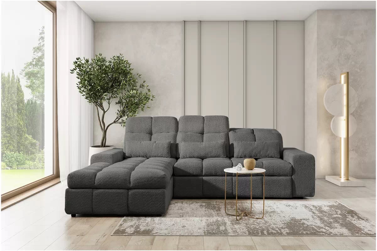 Elektrický rozkládací rohový gauč Magnelio Mini levý - šedá bouclé Catch Me 25 Rohová sedací souprava Strana levá z elektricky wysuwanym sedadlem i funkcja spaní Magnelio Mini - šedá boucla Catch Me 25