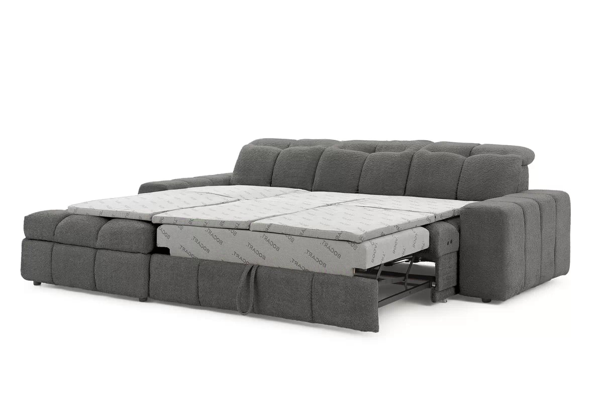 Elektrický rozkládací rohový gauč Magnelio Mini levý - šedá bouclé Catch Me 25 Rohová sedací souprava Strana levá z elektricky wysuwanym sedadlem i funkcja spaní Magnelio Mini - šedá boucla Catch Me 25