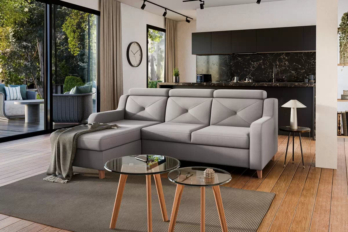 Rohová sedačka Laksaro s rozkladom ľavostranná - tmavý béžový zamat Jasmine 25 Rohová sedacia súprava Ľavá strana s funkciou spania Laksaro - jasno Hnedý zamat Jasmine 25